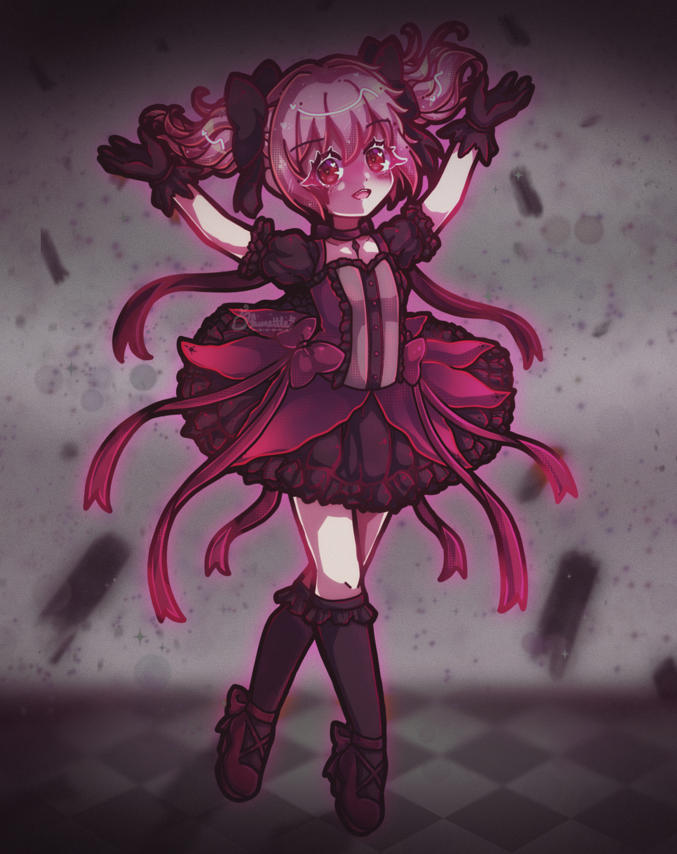 kaname madoka, kriemhild gretchen, mahou shoujo madoka magica, mahou shoujo madoka magica (anime), absurdres, highres, 1girl, alternate costume, black dress, black gloves, black hair, black socks, blush, bow, dress, dress bow, fawnettle, gloves, hair bow, hair ribbon, magical girl, open mouth, pink hair, puffy short sleeves, puffy sleeves, red bow, red ribbon, red shoes, ribbon, shoes, short hair, short sleeves, short twintails, socks, solo, twintails
