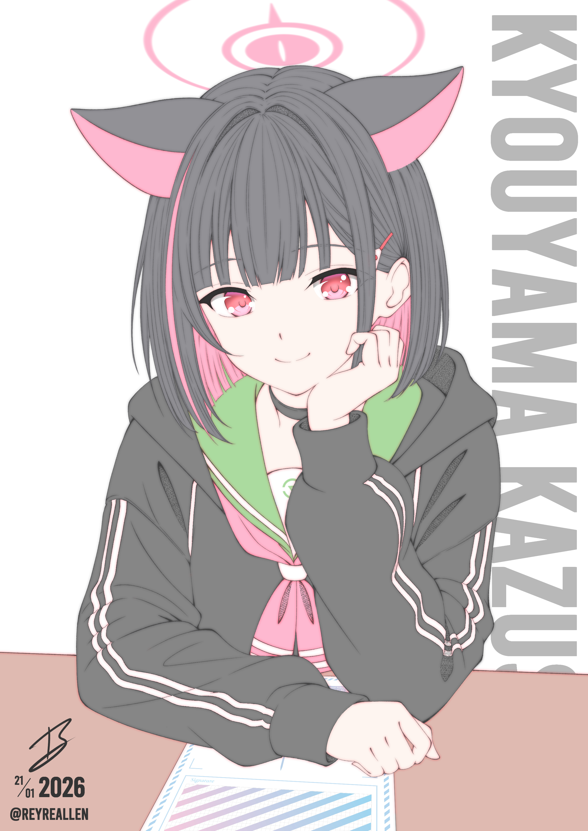 realen, kazusa (blue archive), blue archive, absurdres, bilingual commentary, commentary, english commentary, highres, mixed-language commentary, 1girl, animal ears, black choker, black hair, black hoodie, blunt bangs, blunt ends, bob cut, cat ears, cat girl, character name, choker, clenched hands, closed mouth, colored inner animal ears, colored inner hair, dated, envelope, extra ears, gacha (game mechanic), green sailor collar, hair behind ear, hair intakes, hair ornament, hairclip, halo, hand up, hood, hood down, hoodie, looking at viewer, multicolored hair, neckerchief, pink hair, pink halo, pink neckerchief, red eyes, sailor collar, school uniform, serafuku, signature, simple background, sleeves past wrists, smile, solo, split mouth, two-tone hair, upper body, white background