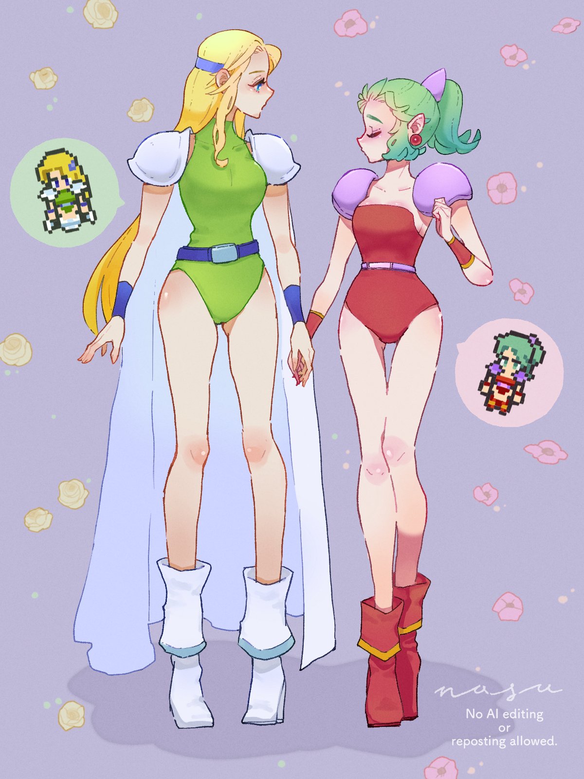 eakanasu, celes chere, tina branford, final fantasy, final fantasy vi, highres, 2girls, armor, artist name, belt, blonde hair, blue belt, blue eyes, blue hairband, boots, bracer, breasts, cape, closed eyes, earrings, flower, full body, green hair, green leotard, hair ribbon, hairband, heattech leotard, holding hands, jewelry, leotard, long hair, looking at another, medium breasts, multiple girls, parted bangs, pauldrons, pink flower, pixel art inset, pointy ears, ponytail, purple background, purple belt, purple ribbon, red boots, red leotard, ribbon, rose, shoulder armor, sideboob, sidelocks, standing, strapless, strapless leotard, thigh gap, turtleneck, white boots, white cape, yellow flower, yellow rose