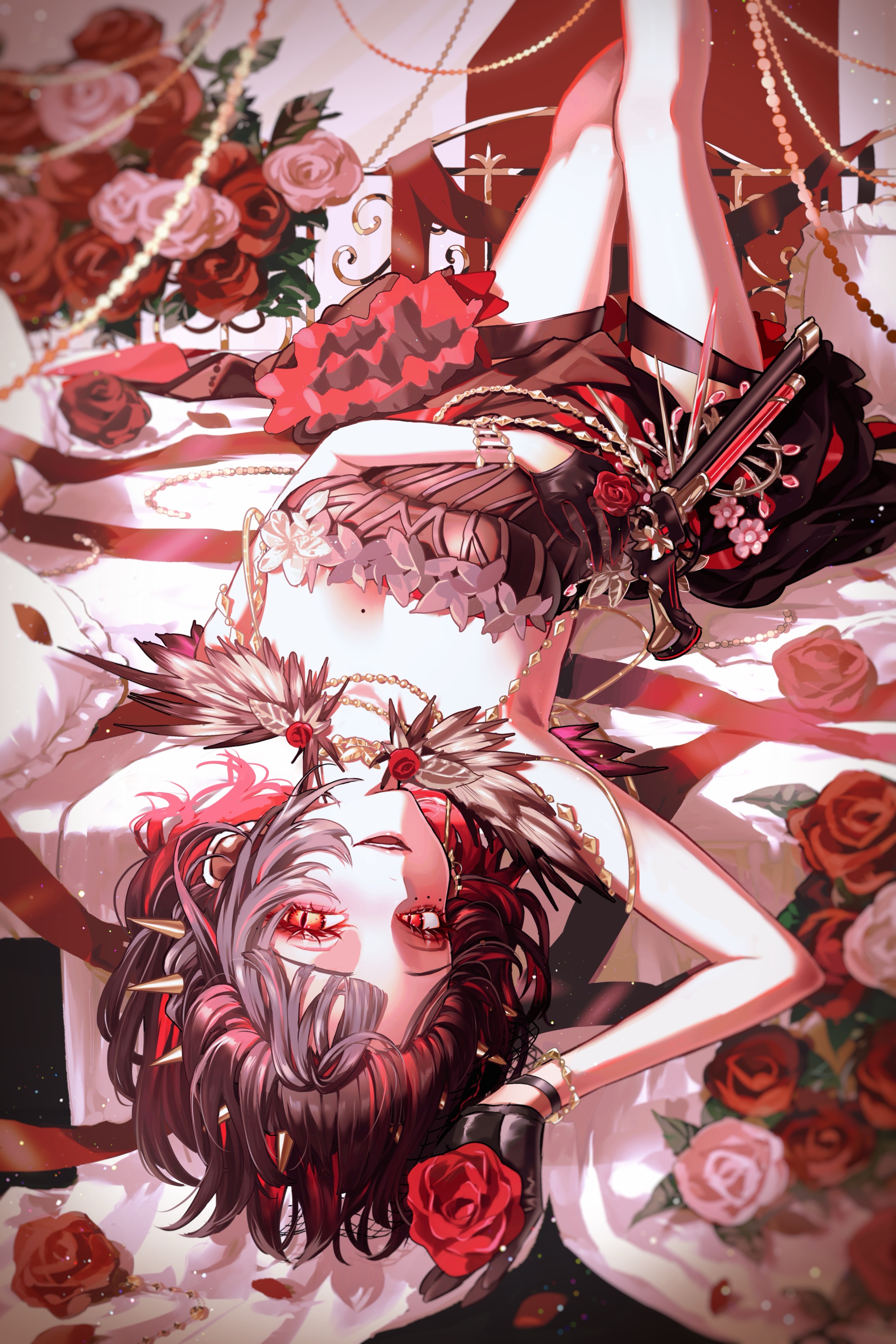 urkt 10, silver palace, absurdres, highres, 1girl, :d, arm up, bare arms, bare legs, black gloves, black hair, breasts, cleavage, dress, feet out of frame, flower, gloves, gun, handgun, legs up, looking at viewer, lying, mole, mole on breast, mole under eye, multicolored hair, on back, open mouth, red eyes, red flower, red hair, red rose, red rose (silver palace), rose, short dress, smile, solo, strapless, strapless dress, streaked hair, too many flowers, upside-down, weapon