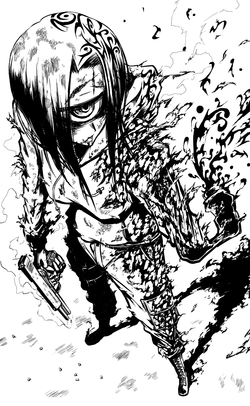 hetza (hellshock), highres, 1girl, cyclops, dissolving, female focus, greyscale, gun, handgun, locked slide, monochrome, one-eyed, semi-automatic pistol, shell casing, solo, tattoo, weapon