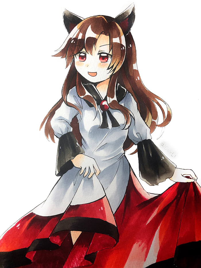 maa (forsythia1729), imaizumi kagerou, touhou, bad id, bad pixiv id, commentary request, traditional media, 1girl, animal ears, blush, breasts, brown hair, dress, long hair, one-hour drawing challenge, open mouth, red eyes, skirt hold, small breasts, smile, solo, twitter username, very long hair, white dress, wolf ears, wolf girl