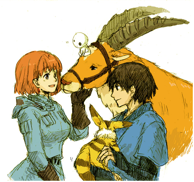 suguru (tobiume), ashitaka, kodama, nausicaa, teto (nausicaa), yakul, kaze no tani no nausicaa, mononoke hime, studio ghibli, 1980s (style), 1990s (style), 1boy, 1girl, antlers, bridle, brown eyes, brown hair, company connection, crossover, earrings, fingerless gloves, gloves, horns, jewelry, oldschool, retro artstyle, short hair, single horn, sketch