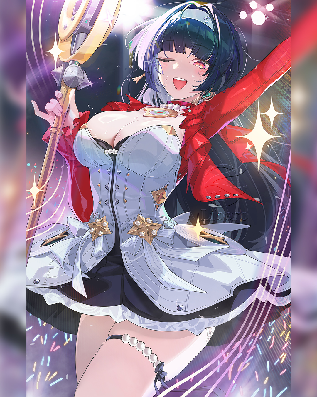 libero art, astra yao, zenless zone zero, alt text, commentary, english commentary, highres, 1girl, arm up, black hair, blush, breasts, cleavage, cowboy shot, dress, earrings, glowstick, hair intakes, hairband, holding, holding microphone stand, jewelry, large breasts, long hair, looking at viewer, microphone, microphone stand, necklace, one eye closed, open mouth, orange eyes, pearl necklace, penlight (glowstick), red shrug, shrug (clothing), solo, sparkle, strapless, strapless dress, sweat, thigh beads, uneven bangs, white dress, white hairband