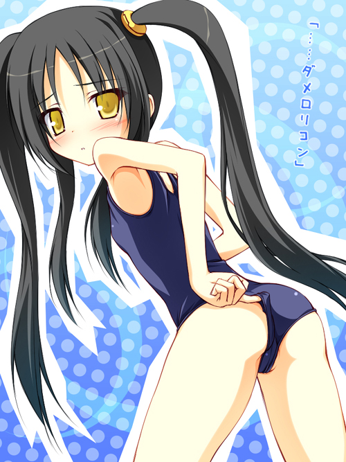 yuku (kiollion), copyright request, translation request, adjusting clothes, adjusting swimsuit, black hair, blush, one-piece swimsuit, school swimsuit, solo, swimsuit, twintails, yellow eyes