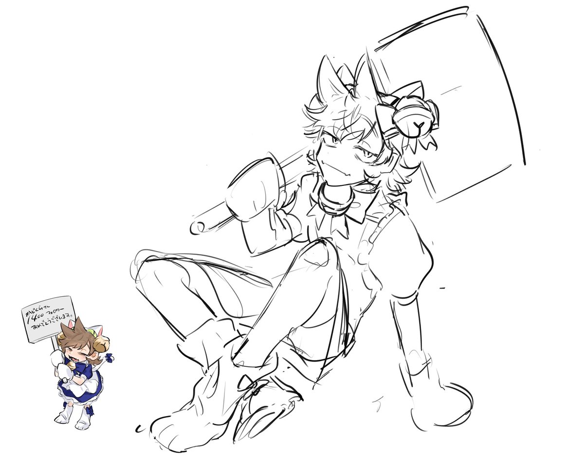 bikmo321, dejiko, di gi charat, eddsworld, bad id, bad twitter id, translation request, 1boy, animal ears, animal hands, animal hat, animification, apron, bell, blue dress, brown hair, cat ears, cat hat, cat tail, chibi, chibi inset, cosplay, crossdressing, crossdressing (mtf), dejiko (cosplay), dress, fang, flipped hair, gloves, hair bell, hair ears, hair ornament, hat, holding, holding sign, looking at viewer, male focus, monochrome, paw gloves, paw shoes, short hair, sign, simple background, sketch, skin fang, smile, solo focus, tail, tord (eddsworld), white background