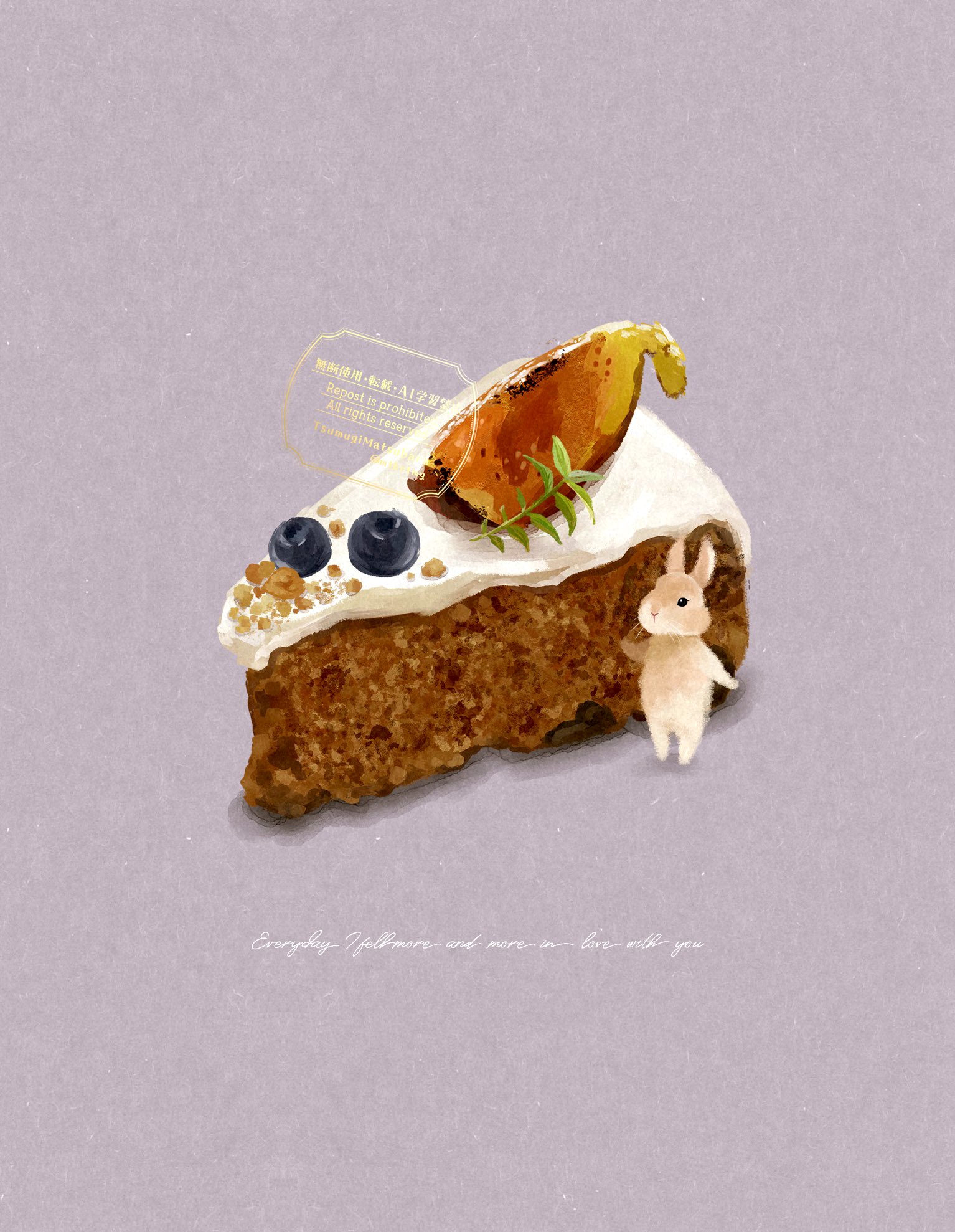 mtbrtmg, original, commentary, english commentary, hashtag-only commentary, highres, animal, blueberry, cake, cake slice, dessert, food, food focus, fruit, icing, no humans, purple background, rabbit