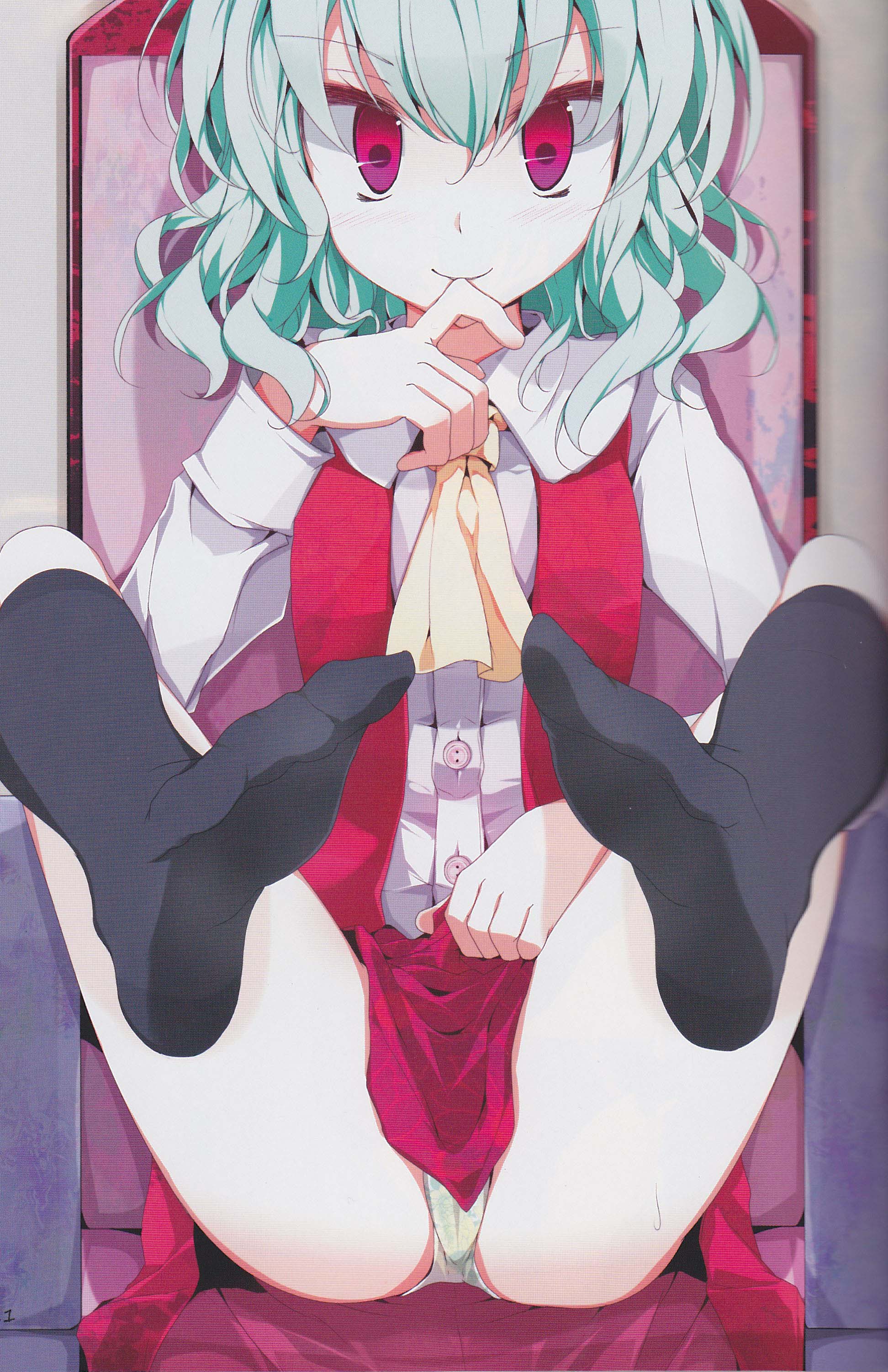 oouso, kazami yuuka, touhou, absurdres, highres, non-web source, scan, scan artifacts, 1girl, ascot, cameltoe, clothes lift, feet, female focus, finger to mouth, foot focus, green hair, legs, panties, pantyshot, parasol, red eyes, short hair, sitting, skirt, skirt lift, smile, socks, solo, umbrella, underwear, upskirt, vest