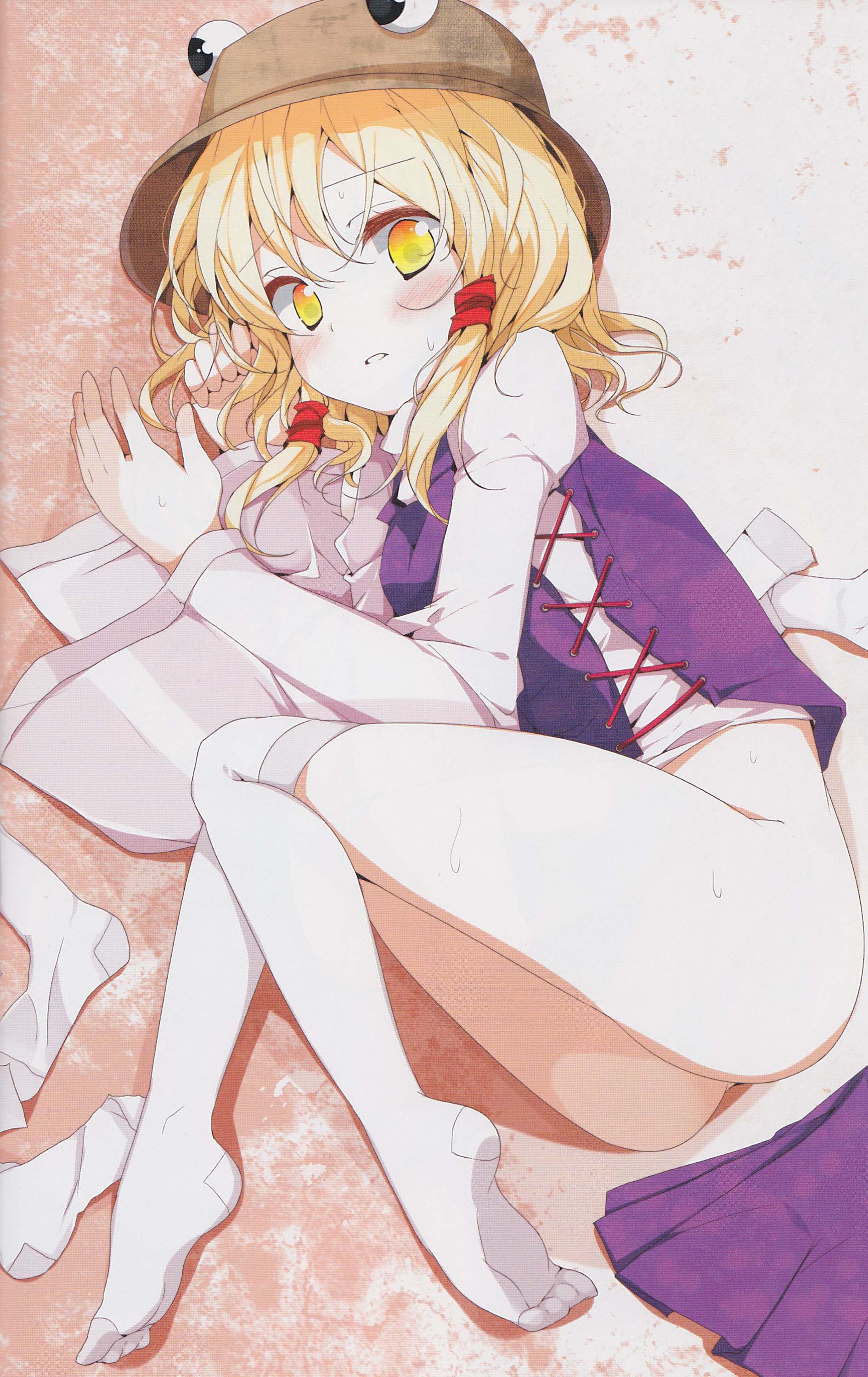 oouso, moriya suwako, touhou, absurdres, highres, non-web source, scan, scan artifacts, 1girl, ass, blonde hair, blush, bottomless, feet, female focus, hat, lying, no panties, on side, ribbon, short hair, socks, solo, thighhighs, white socks, white thighhighs, yellow eyes