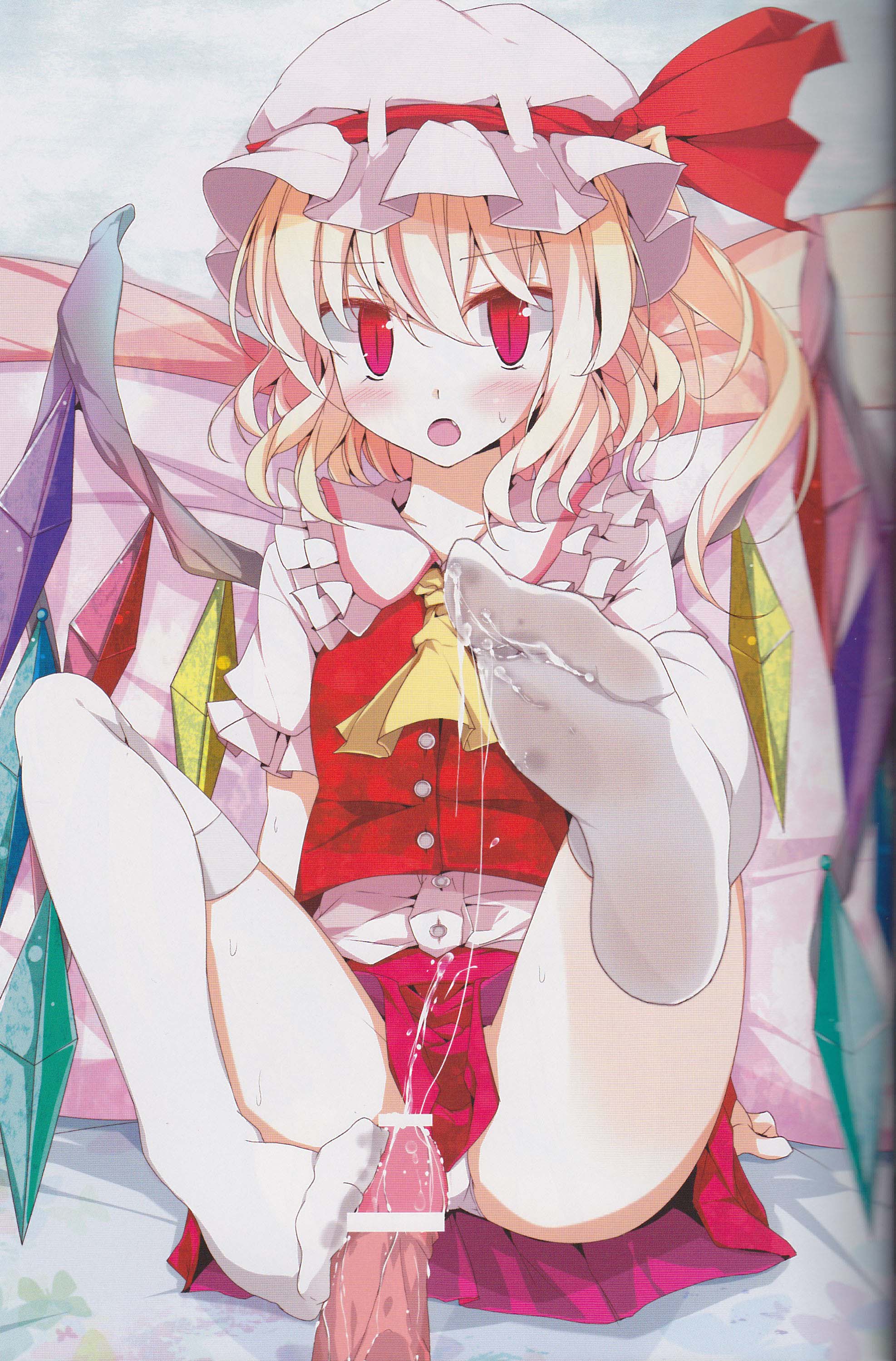 oouso, flandre scarlet, embodiment of scarlet devil, touhou, absurdres, highres, non-web source, scan, scan artifacts, 1girl, blonde hair, censored, cum, cum on body, cum on lower body, feet, foot focus, footjob, footjob with legwear, hat, legs, panties, pantyshot, penis, red eyes, short hair, sitting, solo focus, thighhighs, underwear, white panties, white thighhighs, wings