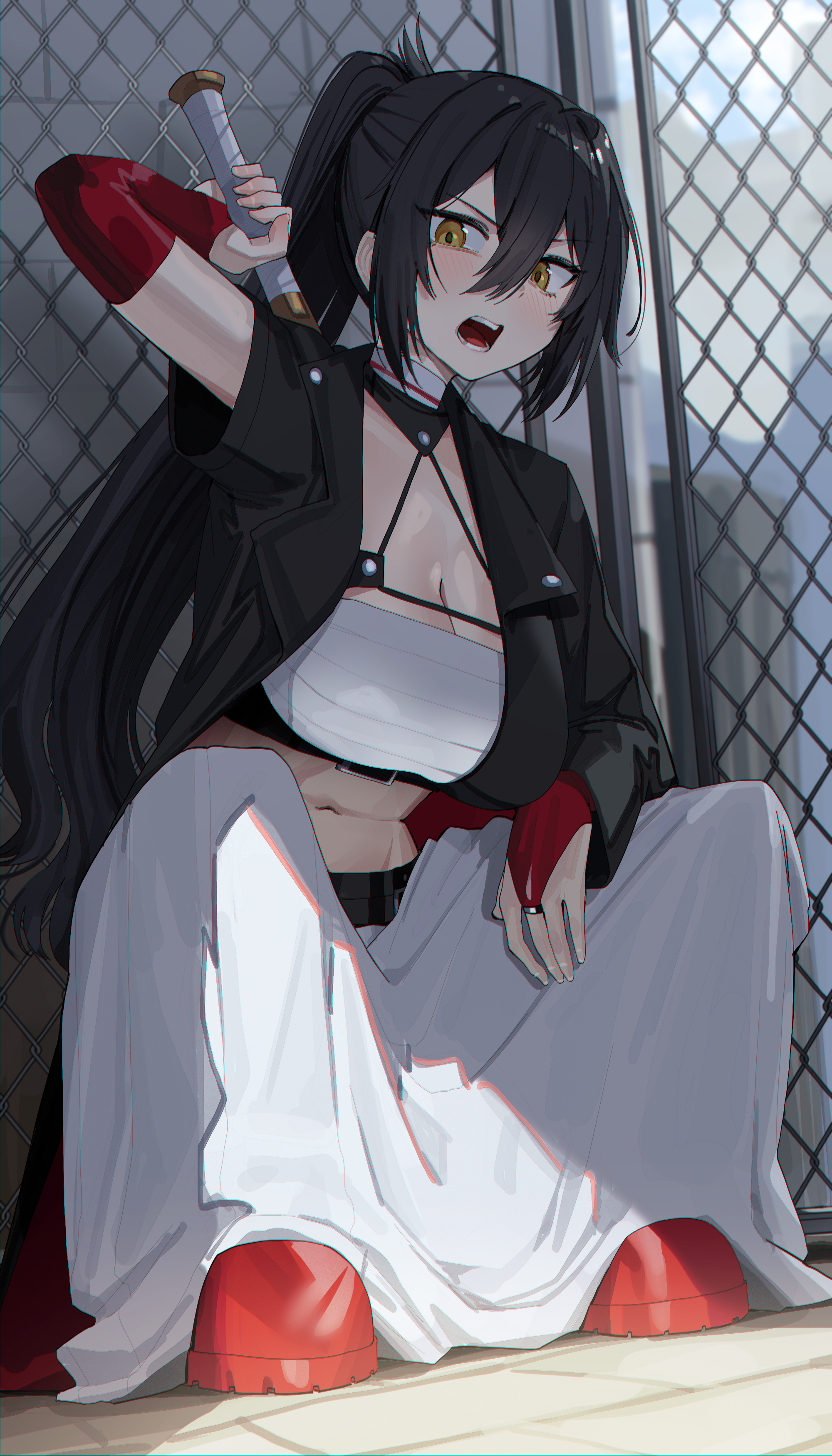 goback, original, absurdres, commentary, commission, english commentary, highres, 1girl, baseball bat, black hair, black jacket, blush, breasts, bridal gauntlets, chain-link fence, chest sarashi, cleavage, delinquent, fence, hair between eyes, holding, holding baseball bat, jacket, large breasts, long hair, long skirt, midriff, navel, open mouth, ponytail, red bridal gauntlets, red shoes, sarashi, shoes, skirt, solo, squatting, white skirt, yellow eyes