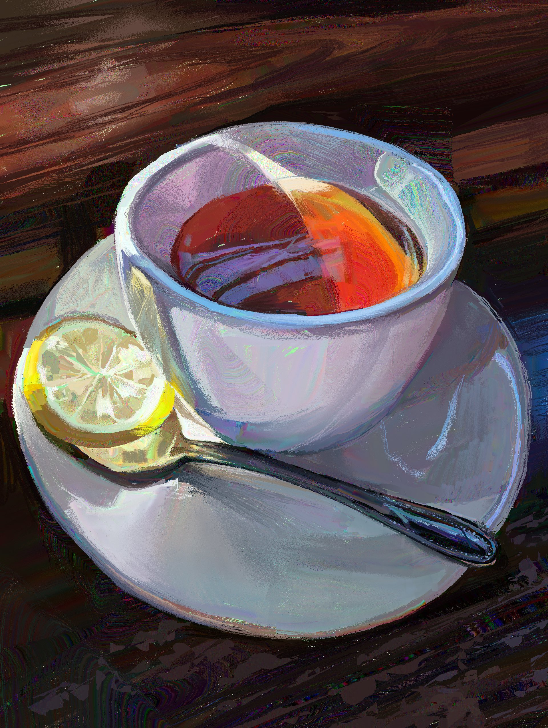 twulfs, original, absurdres, highres, food, food focus, from above, fruit, lemon, lemon slice, no humans, painterly, spoon, still life, table, tea, wooden table