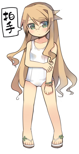 kashiwamochi yomogi, arima senka, original, blonde hair, flip-flops, glasses, green eyes, long hair, one-piece swimsuit, sandals, school swimsuit, solo, swimsuit, white one-piece swimsuit, white school swimsuit