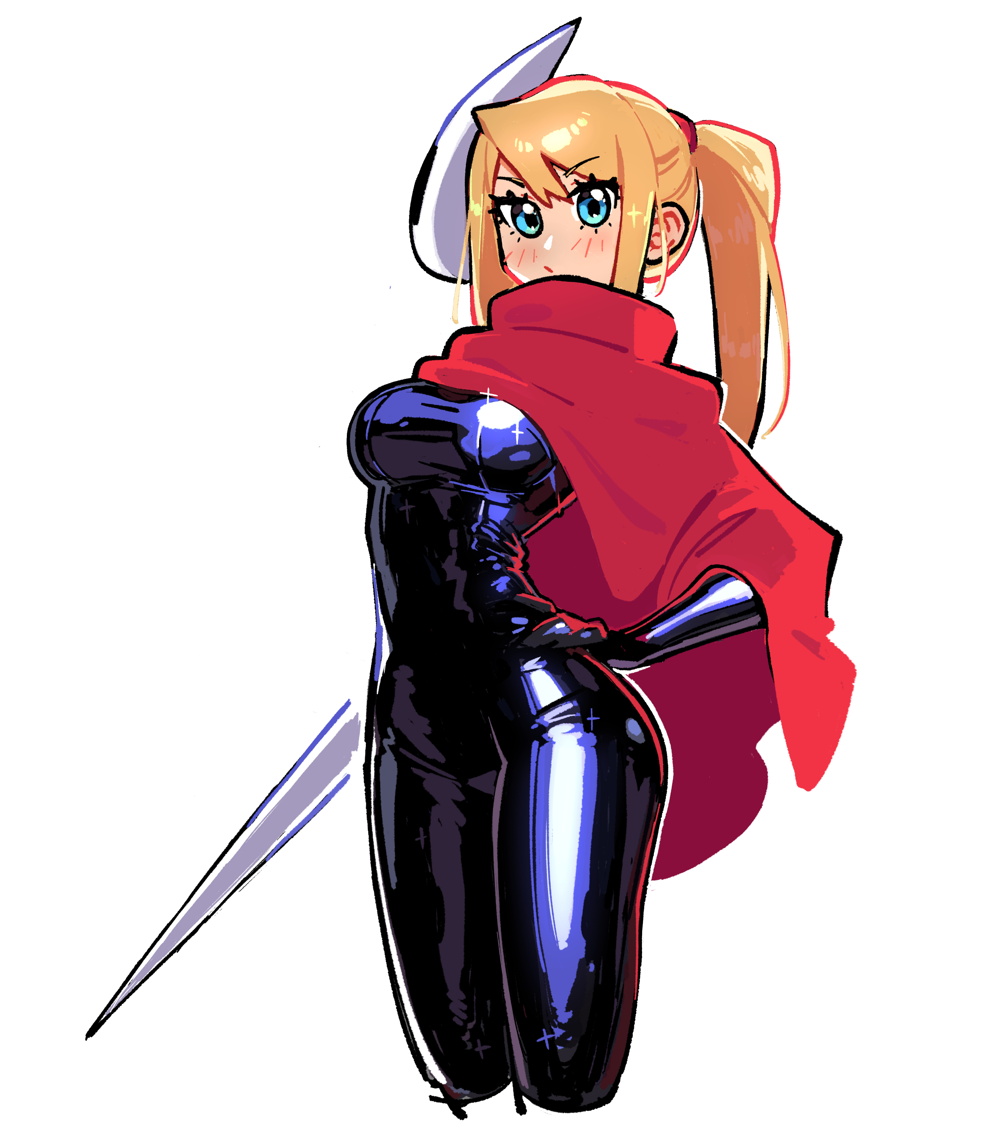 kaatokun, hornet (hollow knight), samus aran, hollow knight, hollow knight: silksong, metroid, nintendo, absurdres, highres, 1girl, black bodysuit, blonde hair, blue eyes, blush, bodysuit, breasts, character mask, cloak, cosplay, hand on own hip, horned mask, hornet (hollow knight) (cosplay), latex, latex bodysuit, long hair, looking at viewer, mask, mask on head, medium breasts, needle sword, red cloak, simple background, solo, white background, white mask