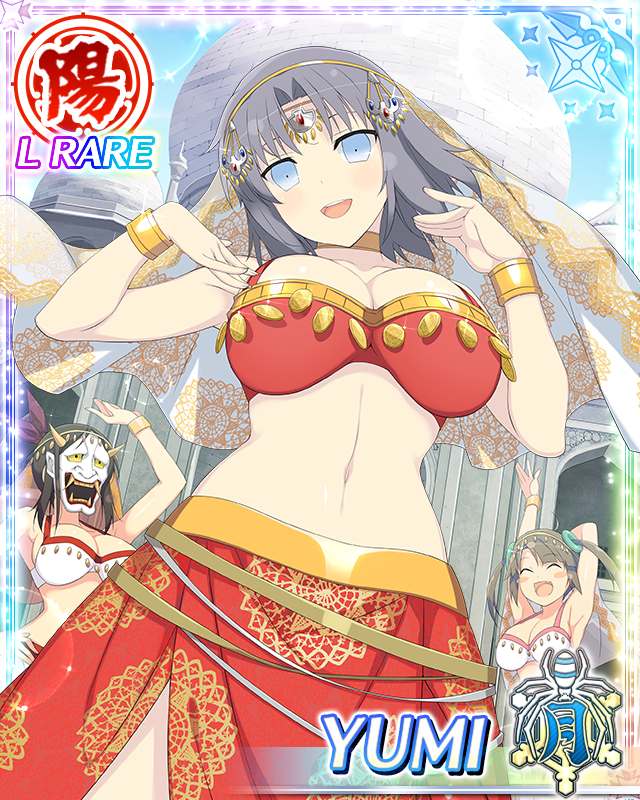 minori (senran kagura), murakumo (senran kagura), yumi (senran kagura), senran kagura, senran kagura new wave, game cg, official art, third-party source, 3girls, :d, arabian clothes, arm up, armpits, arms up, belly dancing, bikini, blue eyes, border, breasts, brown hair, card (medium), character name, cleavage, closed mouth, day, forehead jewel, gold armband, grey hair, hannya, large breasts, mask, medium hair, middle eastern architecture, multiple girls, noh mask, open mouth, outdoors, red bikini, red skirt, side ponytail, skirt, smile, solo focus, swimsuit, twintails, veil, white bikini, white veil