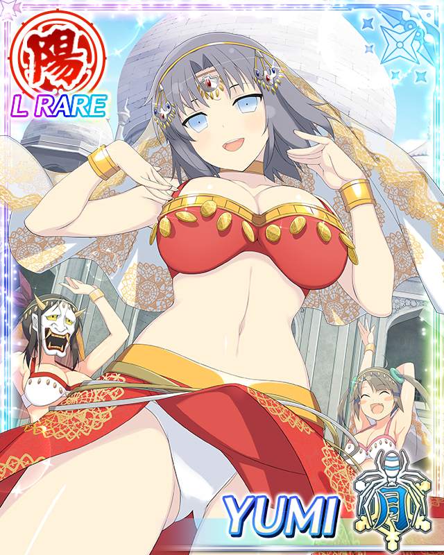 minori (senran kagura), murakumo (senran kagura), yumi (senran kagura), senran kagura, senran kagura new wave, game cg, official art, third-party source, 3girls, :d, arabian clothes, arm up, armpits, arms up, belly dancing, bikini, blue eyes, border, breasts, brown hair, card (medium), character name, cleavage, closed mouth, day, forehead jewel, gluteal fold, gold armband, grey hair, hannya, large breasts, mask, medium hair, middle eastern architecture, multiple girls, noh mask, open mouth, outdoors, panties, pantyshot, red bikini, red skirt, side ponytail, skirt, smile, solo focus, swimsuit, twintails, underwear, veil, white bikini, white panties, white veil