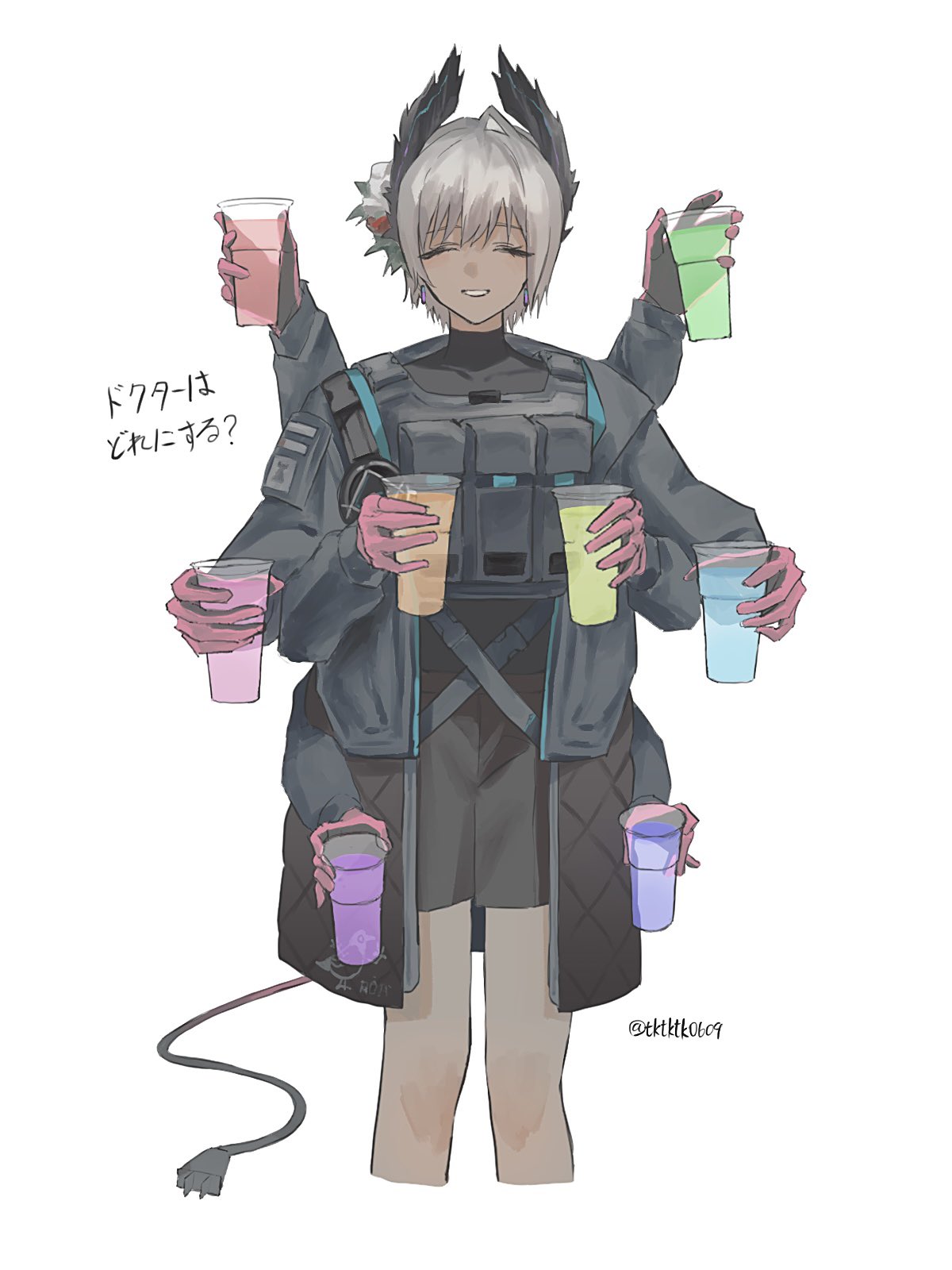raidian (arknights), arknights, commentary request, highres, 1girl, artist name, belt, black shirt, black shorts, cable, cable tail, choppy bangs, closed eyes, cowboy shot, cropped legs, cup, dark-skinned female, dark skin, electric plug, electric plug tail, extra arms, gloves, grey hair, grey jacket, hair ornament, hands up, head wings, holding, holding cup, jacket, long sleeves, mechanical tail, pink gloves, shirt, short hair, shorts, simple background, smile, solo, tail, tktktk0609, white background, wings