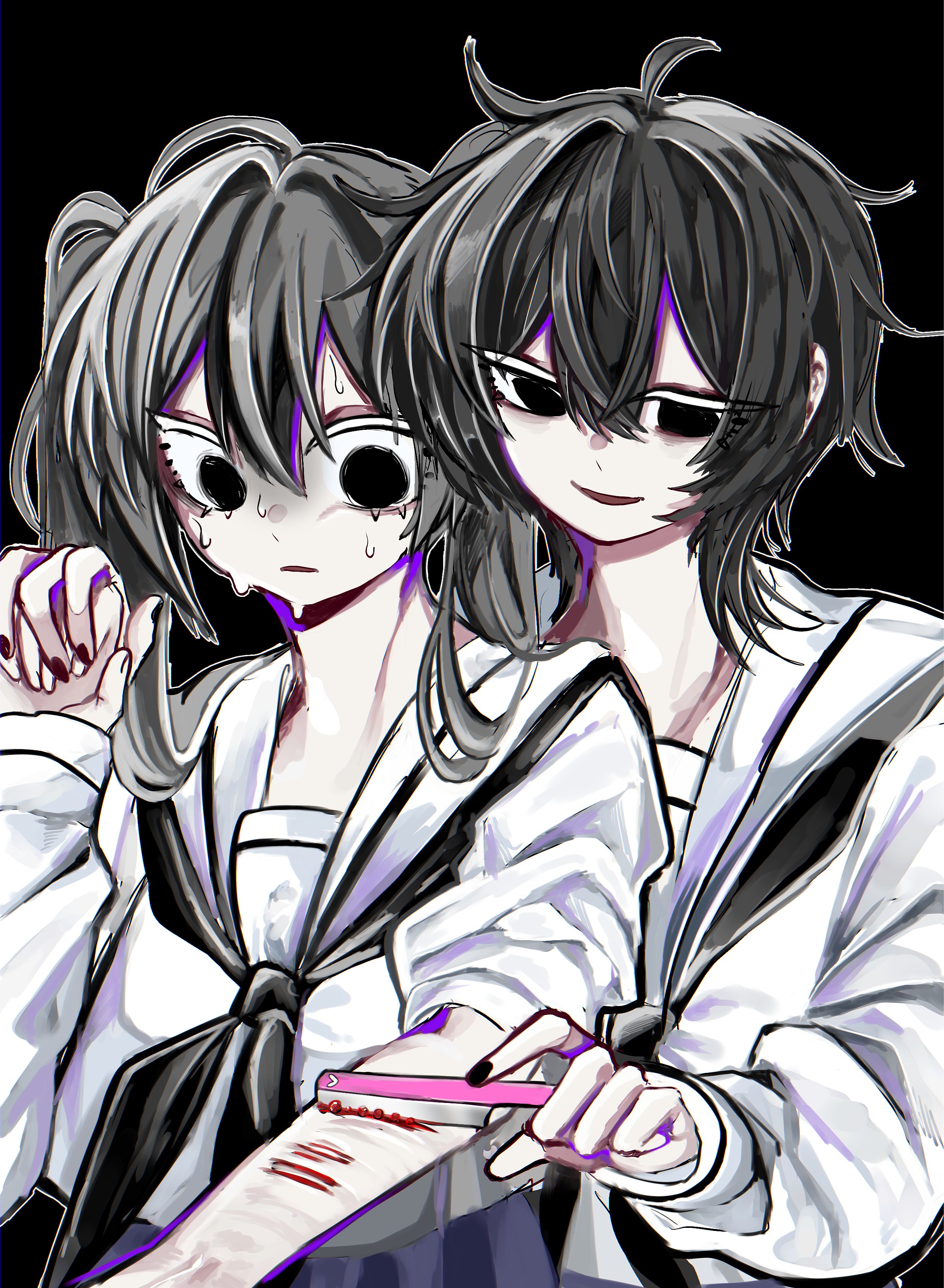 n neko mizu, original, absurdres, commentary, highres, symbol-only commentary, 1boy, 1girl, :d, black eyes, black hair, black skirt, bleeding, blood, chest bow, double-parted bangs, hair between eyes, holding hands, holding razor blade, mullet, multiple girls, open mouth, razor blade, sailor collar, self-harm, short hair, skirt, sleeves rolled up, smile, sweatdrop, white sailor collar, wrist cutting