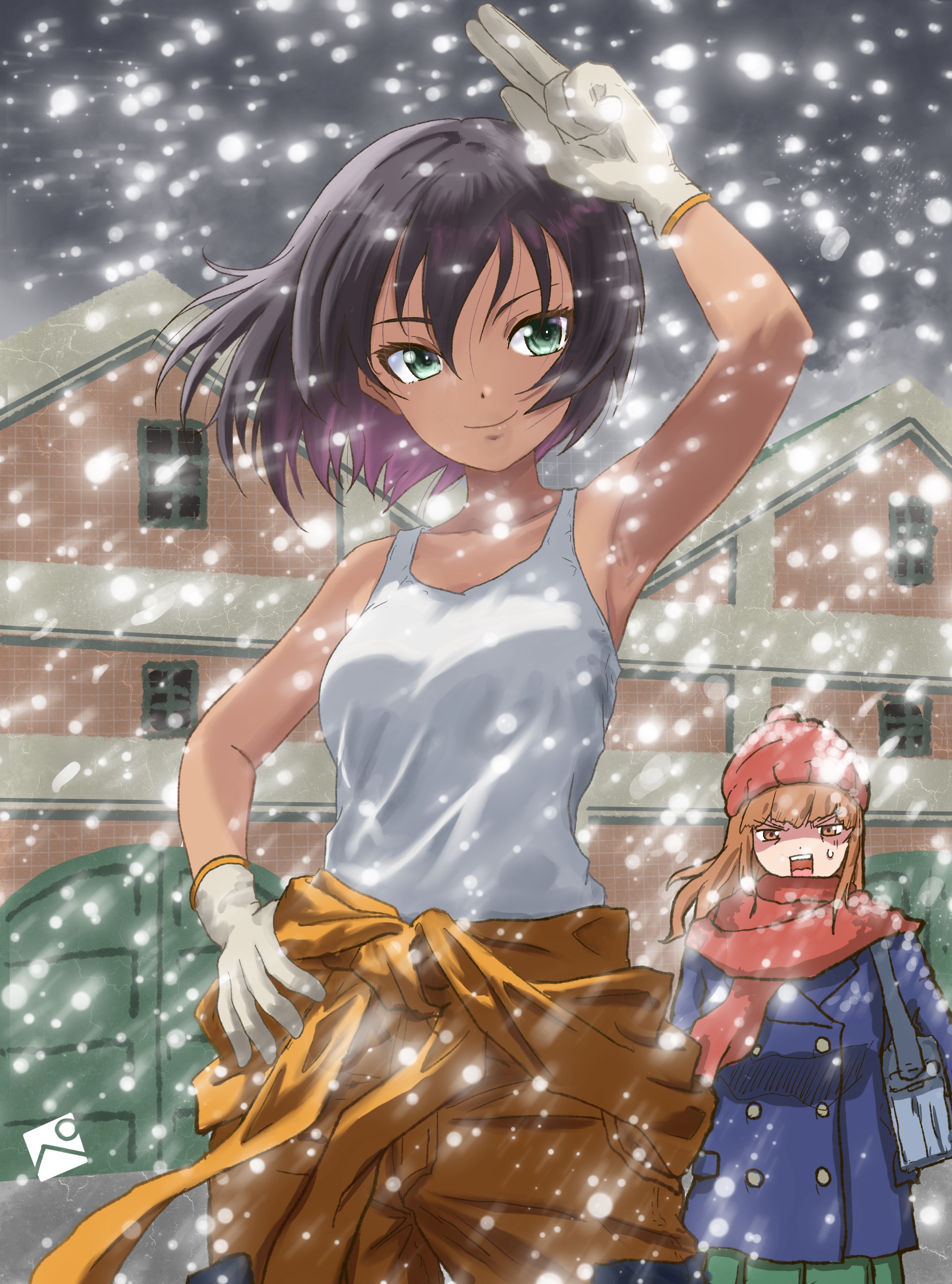 kainushi, hoshino (girls und panzer), girls und panzer, absurdres, commentary request, highres, 2girls, bag, blue eyes, blue jacket, brown eyes, brown hair, feet out of frame, gloves, green skirt, hand on own hip, hat, jacket, jumpsuit, long hair, long sleeves, looking at another, looking at viewer, multiple girls, night, orange jumpsuit, outdoors, red scarf, scarf, school bag, school uniform, shirt, short hair, skirt, snowing, standing, surprised, sweatdrop, teeth, upper teeth only, white gloves, white shirt, work gloves