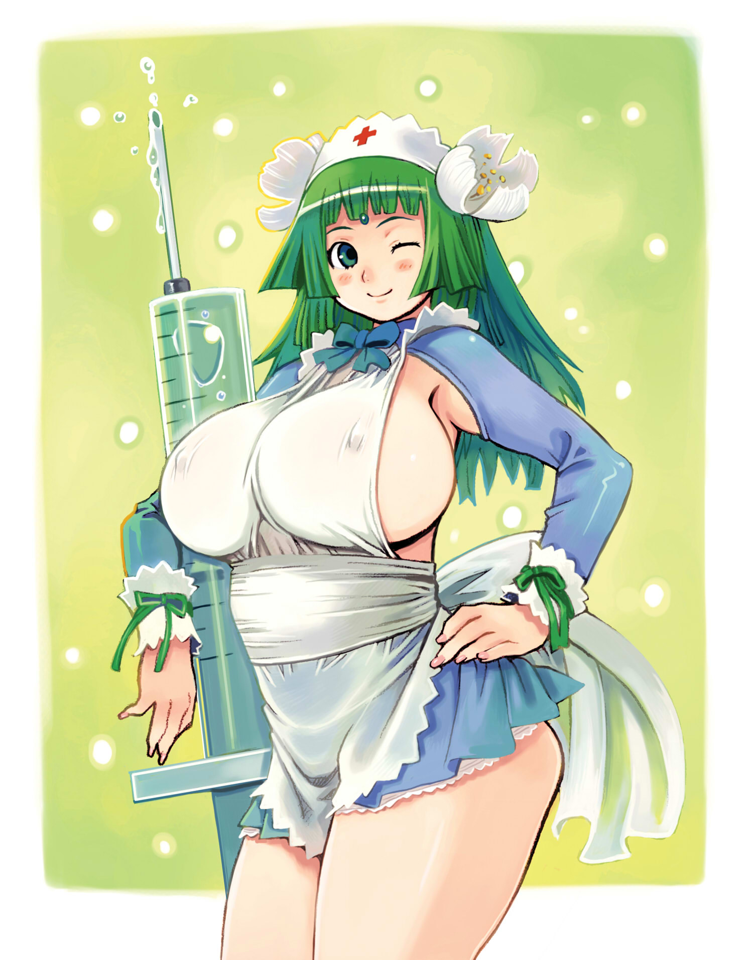 ryoji (nomura ryouji), mugen no fantasia, highres, 1girl, apron, bow, breasts, covered erect nipples, curvy, female focus, flower, forehead jewel, green eyes, green hair, hand on own hip, headdress, hip focus, huge breasts, large breasts, legs, long hair, matching hair/eyes, miniskirt, nurse, sideboob, skirt, smile, solo, thighs