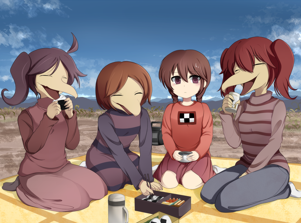 mizukami ryouma, xjr1250, madotsuki, toriningen, yume nikki, bad id, bad pixiv id, 4girls, ahoge, bento, blush, braid, brown hair, chopsticks, closed eyes, drink, eating, food, happy, kneeling, multiple girls, onigiri, picnic, pink shirt, purple eyes, purple hair, purple skirt, radio, red hair, shirt, skirt, sushi, sweatdrop, thermos, twintails