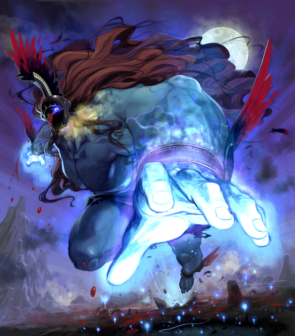 ishikawa hideki, hades (lord of vermilion), lord of vermilion, 1boy, barefoot, blue eyes, brown hair, fantasy, feathers, glowing, glowing eye, helmet, long hair, male focus, monster, moon, muscular, outdoors, solo