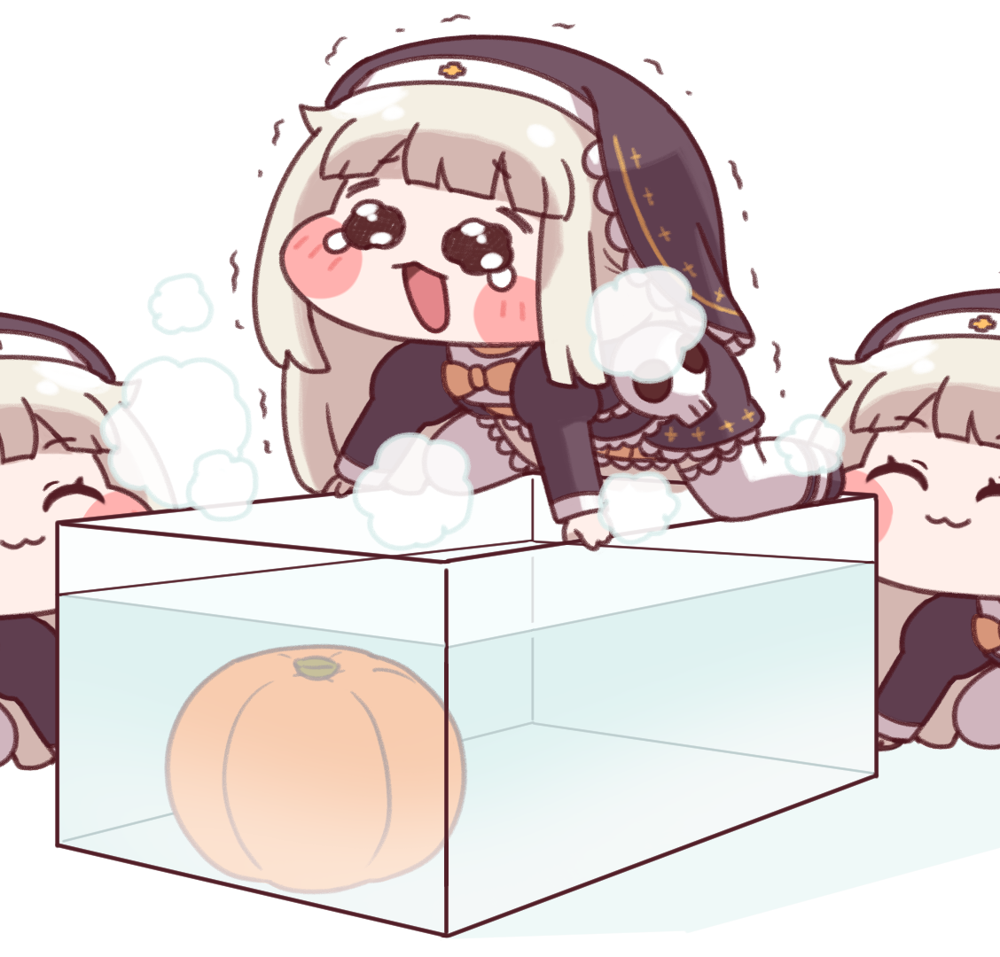 shirosato, speaki (trickcal), trickcal, commentary request, 3girls, :3, ^ ^, black dress, black shoes, blush stickers, brown hair, chibi, closed eyes, closed mouth, dress, juliet sleeves, long hair, long sleeves, meme, multiple girls, multiple persona, open mouth, puffy sleeves, pumpkin, shoes, simple background, speakiposting (meme), thighhighs, trembling, veil, very long hair, water, water tank, wavy eyes, white background, white thighhighs