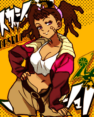 hosoime, ayukawa miyuki, basquash!, bad id, bad pixiv id, lowres, 00s, 1girl, bandaid, bandaid on face, breasts, cleavage, dark-skinned female, dark skin, dreadlocks, female focus, large breasts, solo, twintails, very dark skin