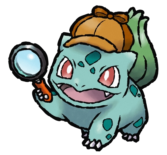 poltartgeist, bulbasaur, nintendo, pokemon, commentary, commission, english commentary, second-party source, animal focus, bright pupils, brown hat, bud, clothed pokemon, detective, fangs, full body, gen 1 pokemon, hat, holding, holding magnifying glass, magnifying glass, no humans, nostrils, open mouth, pokemon (creature), pokemon focus, red eyes, solo, transparent background, white pupils