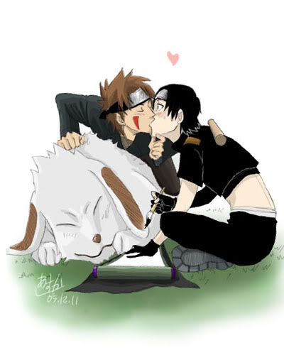 akamaru (naruto), inuzuka kiba, sai (naruto), naruto (series), naruto shippuuden, artist request, lowres, 2boys, black hair, blush, dog, heart, kiss, male focus, multiple boys, surprised, yaoi