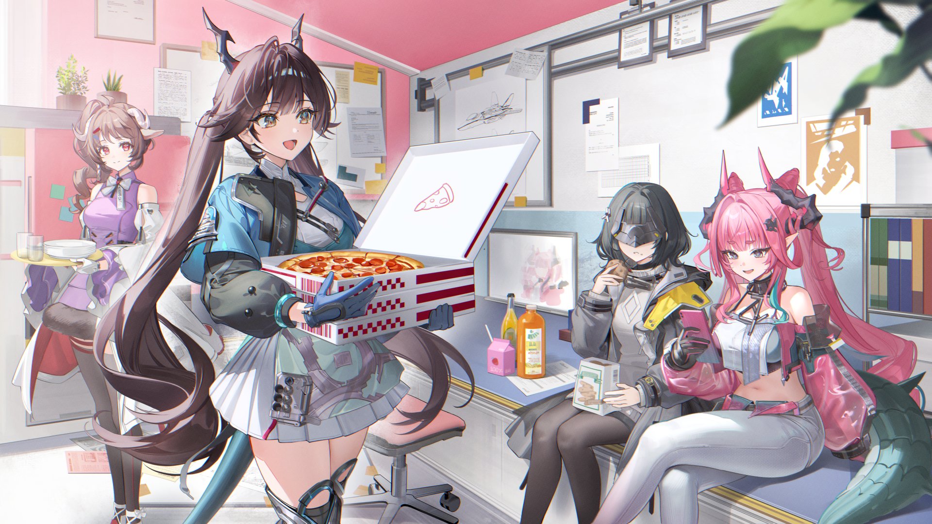 rity, chen qianyu (arknights), endministrator (arknights), eyjafjalla (arknights), female endministrator (arknights), yvonne (arknights), arknights, arknights: endfield, pantyhose only, commentary request, highres, korean commentary, 4girls, animal ears, ardelia (arknights), black coat, black gloves, black hair, black horns, blue gloves, blue horns, bottle, brown eyes, brown hair, coat, cone hair bun, crossed legs, curled horns, dragon girl, dragon horns, dragon tail, dress, drill hair, drill ponytail, drink carton, eye mask, food, gloves, grey horns, hair bun, hair intakes, hair on horn, holding, holding food, holding phone, holding pizza, horns, juice box, long hair, looking at phone, mask, multicolored gloves, multicolored horns, multiple girls, pants, phone, pink gloves, pink hair, pink horns, pink sleeves, pizza, pizza box, pointy ears, purple dress, red eyes, see-through clothes, see-through sleeves, sheep ears, sheep girl, sheep horns, sitting, standing, tail, twintails, two-sided gloves, two-tone gloves, two-tone horns, very long hair, white gloves, white pants