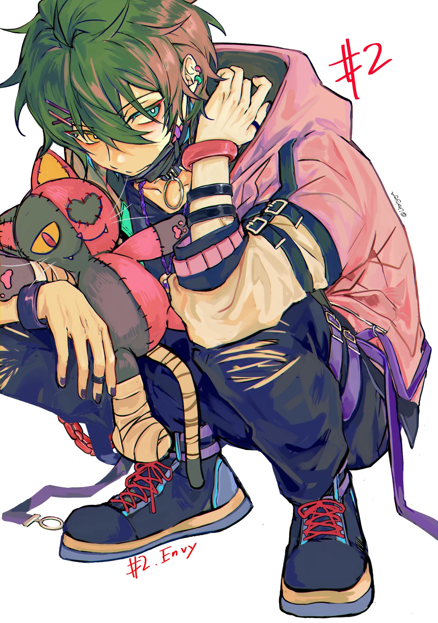 utahyaya, kagehira mika, ensemble stars!, commentary, highres, 1boy, aqua eyes, belt buckle, black nails, bracelet, bright pupils, buckle, closed mouth, ear piercing, fingernails, green hair, hair between eyes, hair ornament, hairpin, hand up, heart, hood, hood down, jewelry, long sleeves, male focus, mask, mouth mask, nail polish, necklace, official alternate costume, pants, piercing, poison a la mode (ensemble stars!), ring, shoelaces, short hair, sideways glance, simple background, solo, squatting, stuffed animal, stuffed cat, stuffed toy, torn clothes, torn pants, twitter username, white background, white pupils, yellow eyes