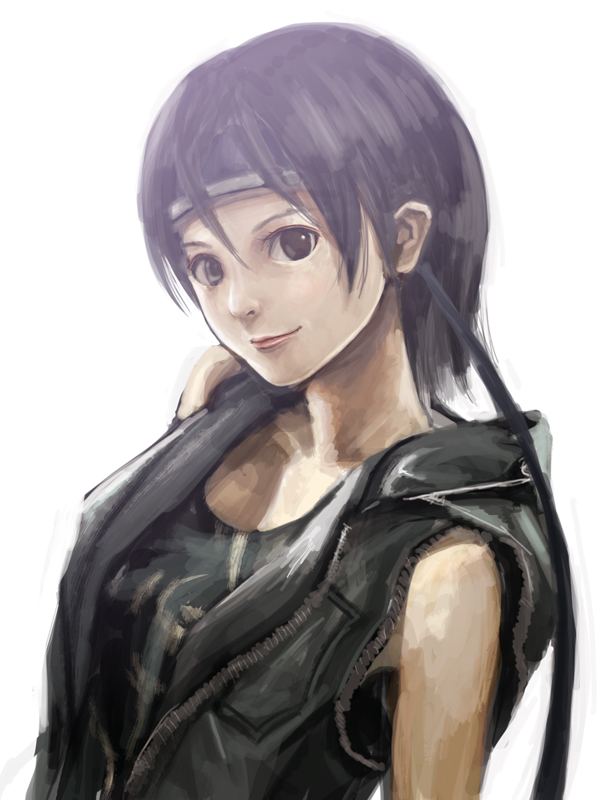 chai (drawingchisanne), yuffie kisaragi, final fantasy, final fantasy vii, final fantasy vii: advent children, bad id, bad pixiv id, 00s, 1990s (style), bare shoulders, brown eyes, brown hair, head tilt, headband, portrait, retro artstyle, short hair, smile, solo, vest