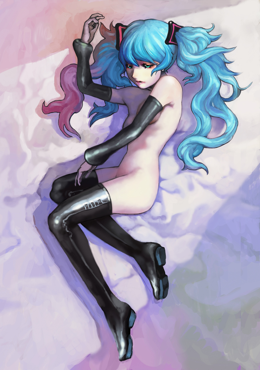 consent (oituku), hatsune miku, vocaloid, bad id, bad pixiv id, highres, aqua eyes, aqua hair, boots, detached sleeves, legs, lips, nude, solo, thigh boots, thighhighs