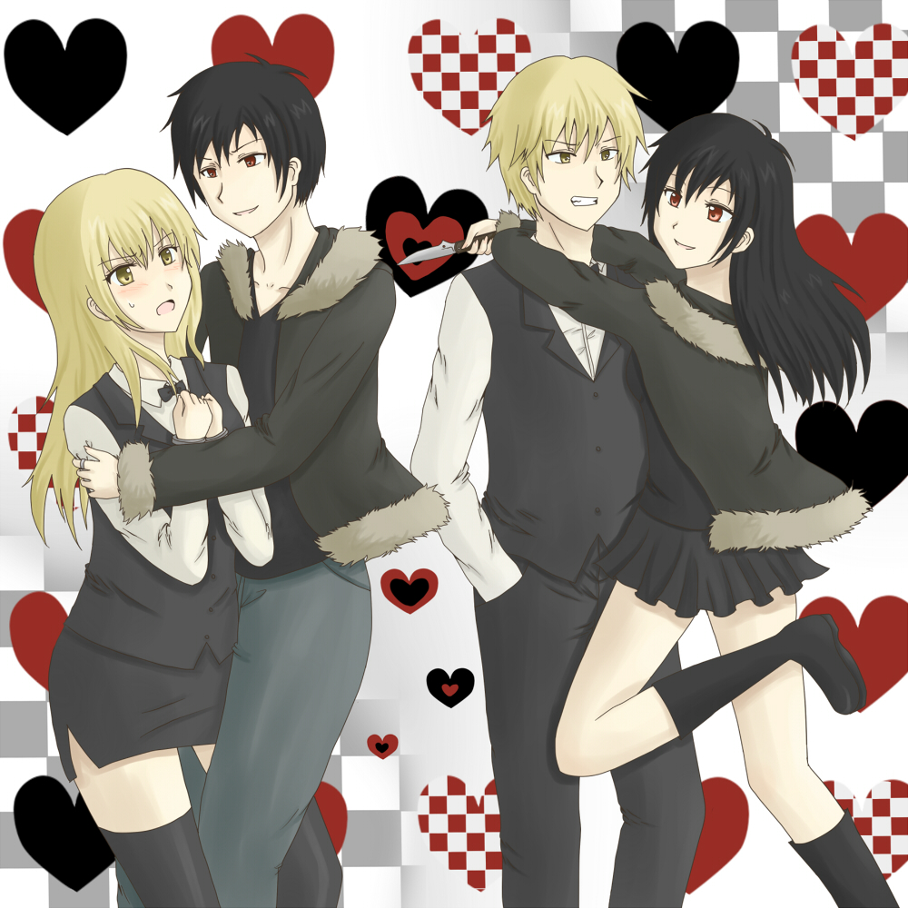 827117117, heiwajima shizuo, orihara izaya, durarara!!, gender request, 2boys, 2girls, black hair, black thighhighs, blonde hair, blush, bow, bowtie, coat, dual persona, genderswap, heart, knife, long hair, miniskirt, multiple boys, multiple girls, pleated skirt, red eyes, skirt, thighhighs, vest, yellow eyes, zettai ryouiki