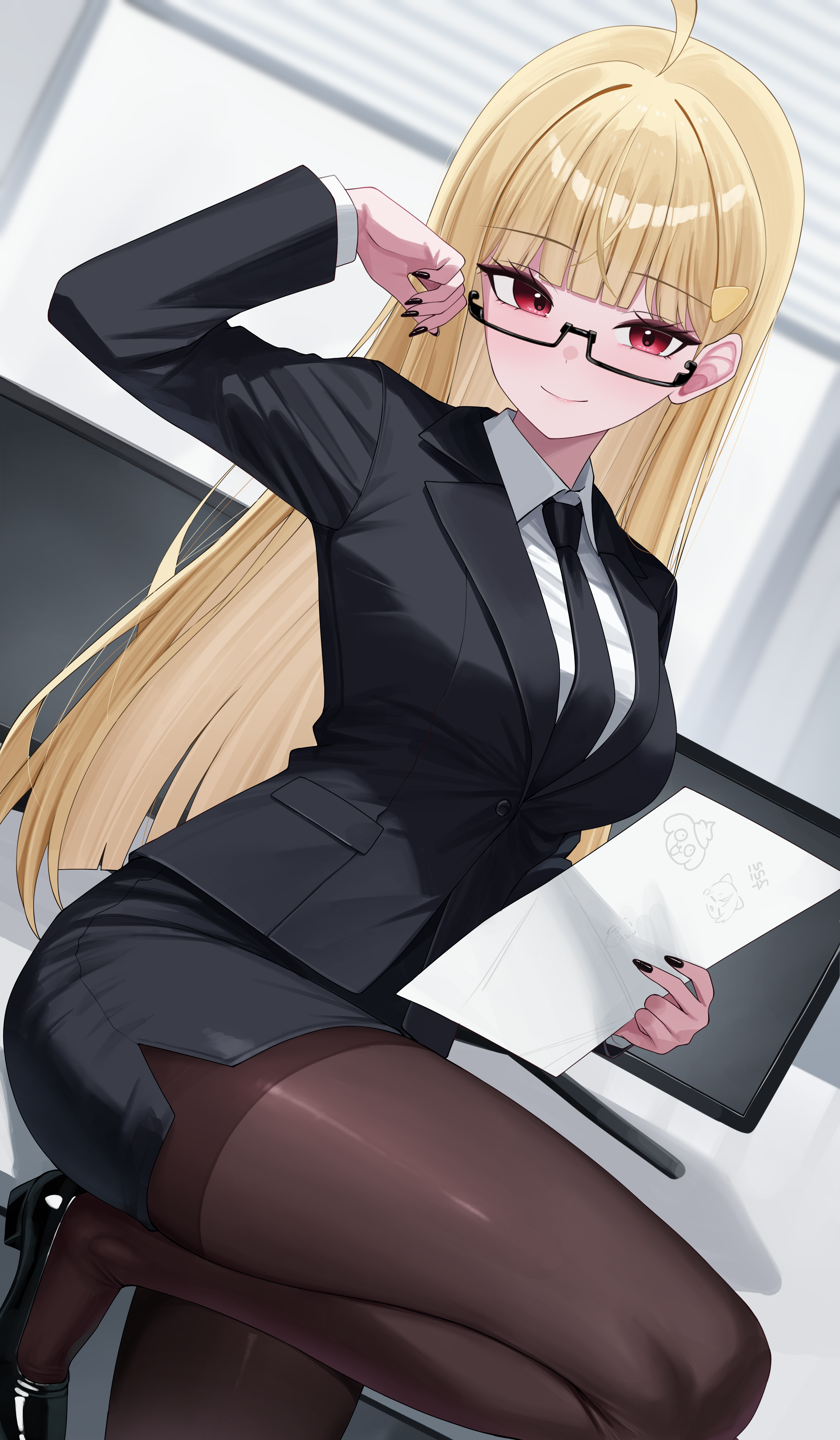 sei (0724sei6), jingburger, waktaverse, absurdres, commentary, highres, symbol-only commentary, 1girl, ahoge, arm up, black-framed eyewear, black jacket, black nails, black necktie, black shoes, black skirt, blazer, blonde hair, blunt bangs, breasts, brown pantyhose, closed mouth, collared shirt, dutch angle, glasses, hair ornament, hairclip, holding, holding paper, indoors, jacket, large breasts, long hair, long sleeves, looking at viewer, looking over eyewear, miniskirt, monitor, nail polish, necktie, office lady, pantyhose, paper, pencil skirt, red eyes, semi-rimless eyewear, shirt, shoes, skirt, smile, solo, under-rim eyewear, very long hair, virtual youtuber, white shirt, wing collar