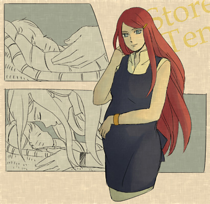 mare (artist), uzumaki kushina, uzumaki naruto, naruto (classic), naruto (series), naruto shippuuden, lowres, non-web source, age difference, baby, basket, green eyes, mother and son, pregnant, red hair, sleeping