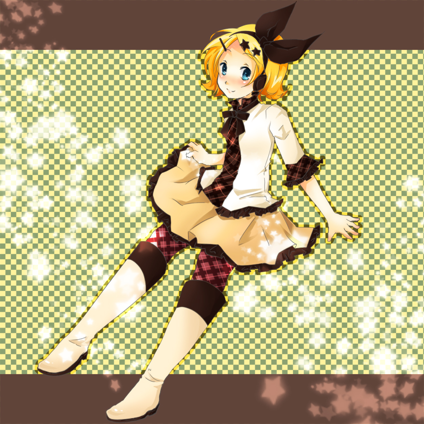 m eme, kagamine rin, vocaloid, plaid, artist request, bad id, bad pixiv id, 1girl, alternate costume, blonde hair, blue eyes, boots, casual, female focus, full body, hair ornament, hair ribbon, hairclip, headphones, pantyhose, ribbon, solo, star (symbol)
