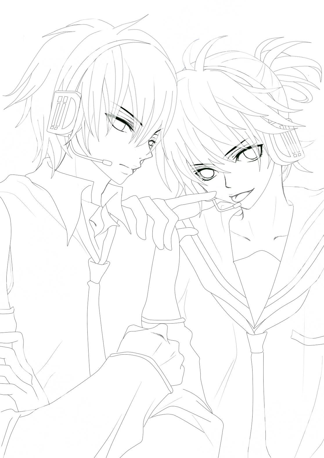 hatsune mikuo, kagamine len, vocaloid, highres, 2boys, lineart, male focus, multiple boys