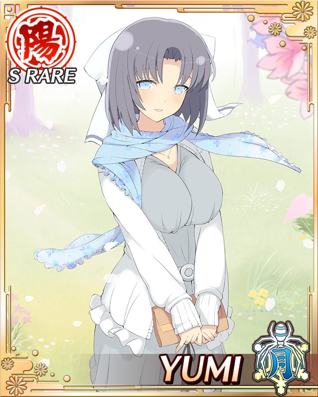 yumi (senran kagura), senran kagura, senran kagura new wave, game cg, official art, third-party source, 1girl, bag, blue eyes, border, bow, breasts, card (medium), cardigan, character name, cherry blossoms, dress, falling petals, grey dress, grey hair, hair bow, holding, holding bag, large breasts, looking at viewer, medium hair, open cardigan, open clothes, open mouth, petals, smile, solo, striped bow, sweater, white bow, white sweater