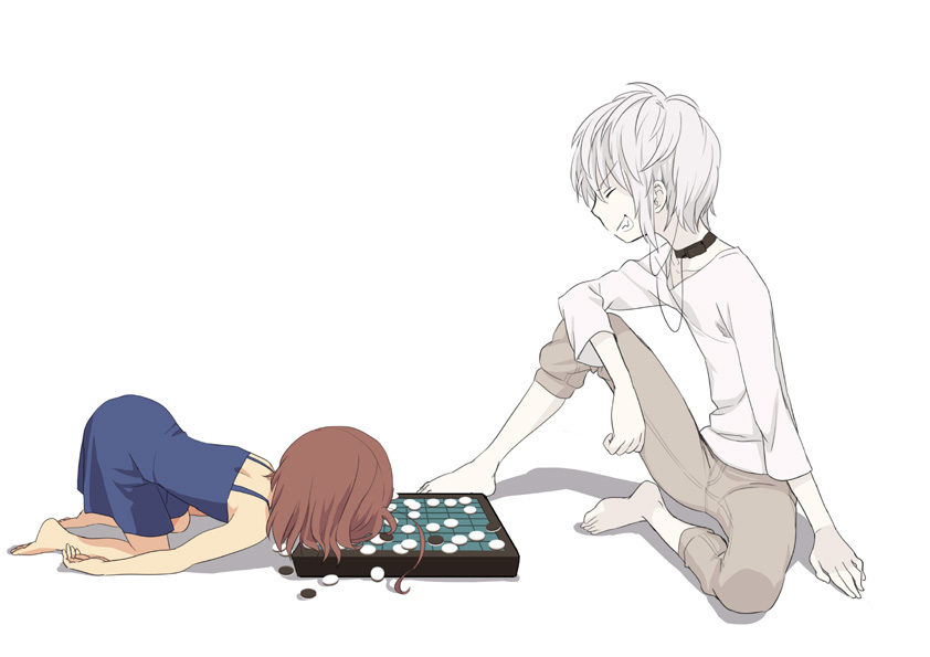kazuga (dorp), accelerator (toaru majutsu no index), last order (toaru majutsu no index), toaru majutsu no index, bad id, bad pixiv id, 1boy, 1girl, ahoge, barefoot, blush stickers, board game, brown eyes, brown hair, child, closed eyes, denim, dress, faceplant, failure, grin, jeans, pants, playing games, reversi, shirt, smile, t-shirt, white hair