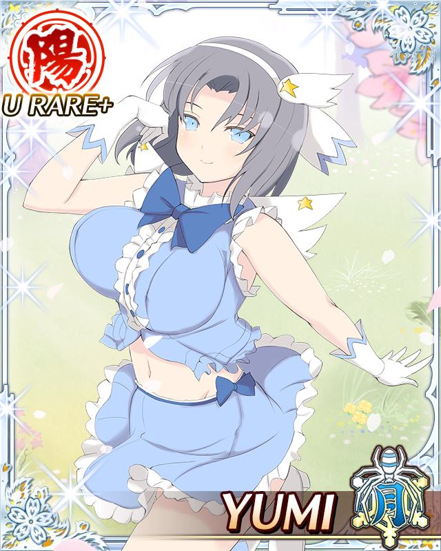 yumi (senran kagura), senran kagura, senran kagura new wave, game cg, official art, third-party source, 1girl, arm up, blue eyes, blue shirt, blue skirt, border, bow, breasts, card (medium), character name, cherry blossoms, closed mouth, crop top, fake wings, falling petals, gloves, grey hair, hair bow, hairband, idol clothes, large breasts, leg up, looking at viewer, medium hair, navel, petals, shirt, skirt, sleeveless, sleeveless shirt, smile, solo, standing, standing on one leg, white bow, white gloves, white hairband, wings