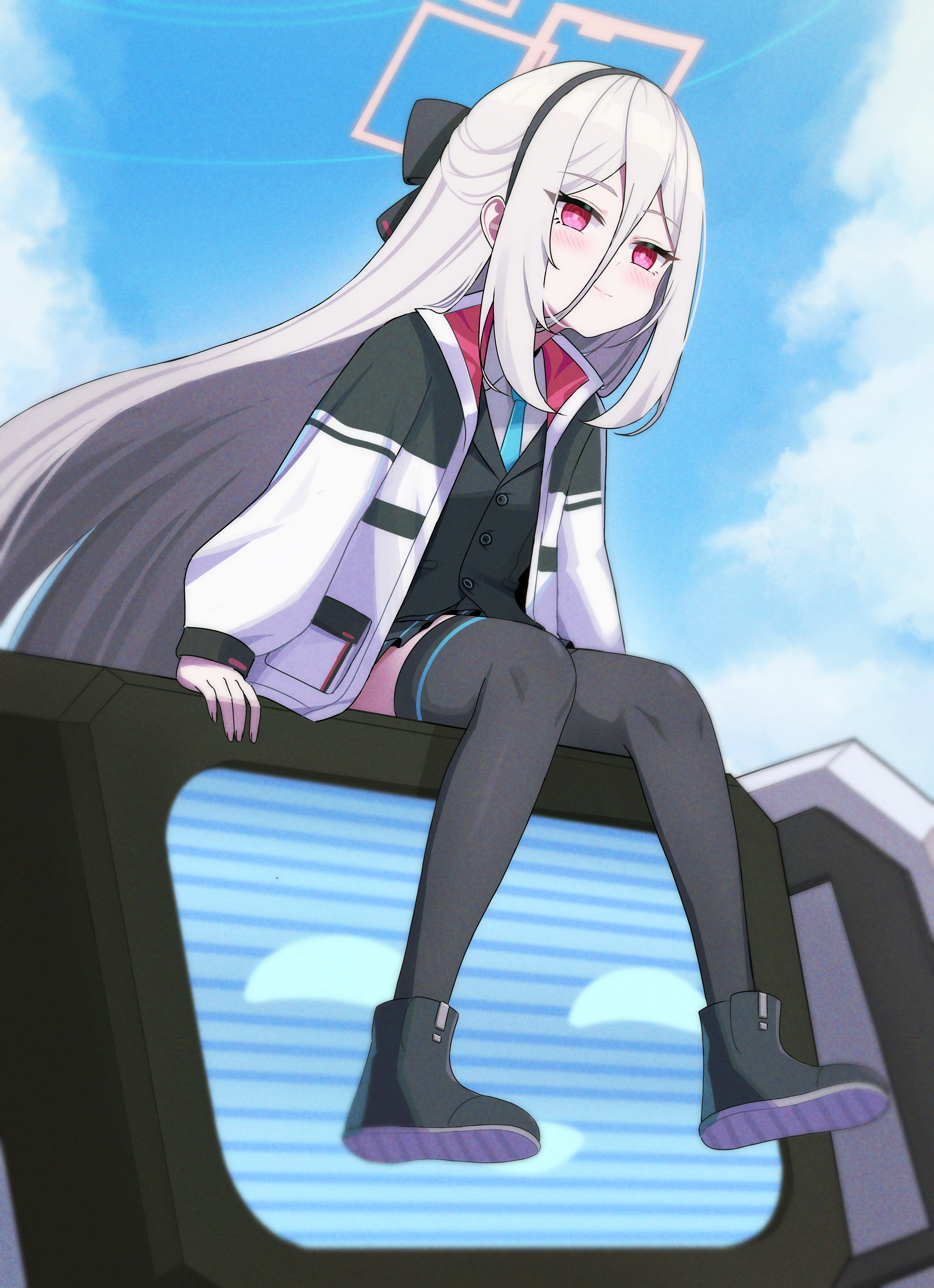 junmin, kei (amas) (blue archive), kei (blue archive), kei (new body) (blue archive), blue archive, absurdres, commentary, highres, 1girl, black bow, black hairband, black shoes, black skirt, black thighhighs, black vest, blue necktie, blush, bow, full body, hair between eyes, hair bow, hairband, halo, jacket, long hair between eyes, multicolored jacket, necktie, rectangular halo, red eyes, red halo, ringed eyes, robot, school uniform, shoes, sitting, skirt, smile, solo, thighhighs, two-tone jacket, vest, zettai ryouiki