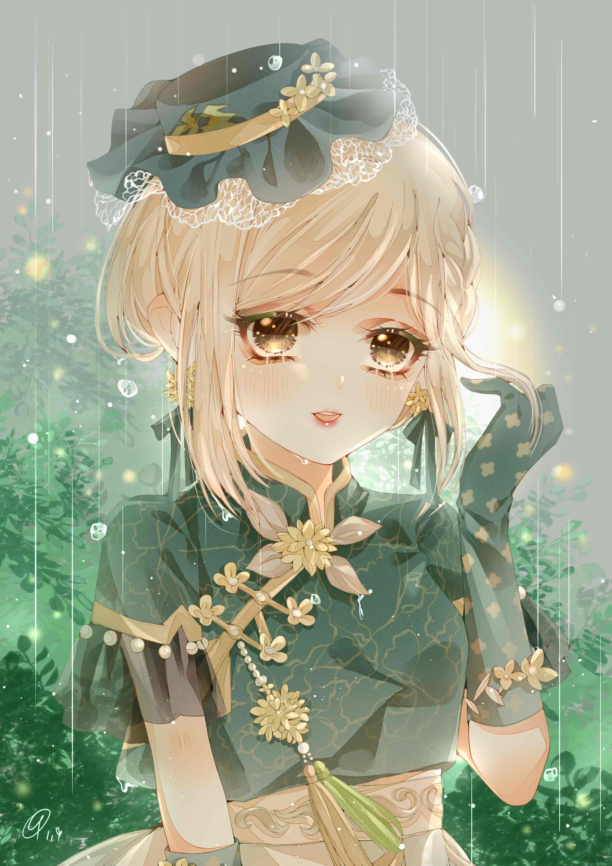 muriel miaoke, nikki (series), shining nikki, absurdres, commentary request, highres, 1girl, adjusting hair, aqua bow, aqua gloves, aqua hat, aqua shirt, backlighting, bow, bow earrings, bracelet, braid, brooch, brown eyes, bush, chinese clothes, collared shirt, day, dot nose, dress, earrings, eyelashes, floral print, flower, flower bracelet, flower brooch, flower button, flower earrings, frilled headwear, frilled sleeves, frills, gloves, grey sky, happy, hat, hat flower, high-waist skirt, jewelry, lace-trimmed headwear, lace trim, light blush, light particles, lipstick, makeup, mandarin collar, mini hat, open mouth, osmanthus, osmanthus dew (shining nikki), outdoors, pink lips, print dress, print gloves, rain, shirt, short sleeves, single braid, skirt, sky, smile, solo, swept bangs, tassel, teeth, upper body, upper teeth only, water drop, yellow flower, yellow skirt