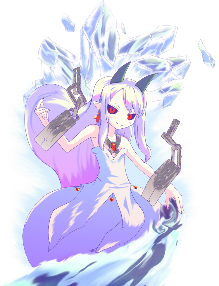 mikagi-qo, pram (phantom kingdom), disgaea, nippon ichi, phantom kingdom, bad id, bad pixiv id, 1girl, black sclera, bubble skirt, colored sclera, cuffs, female focus, horns, ice, red eyes, skirt, solo, white hair