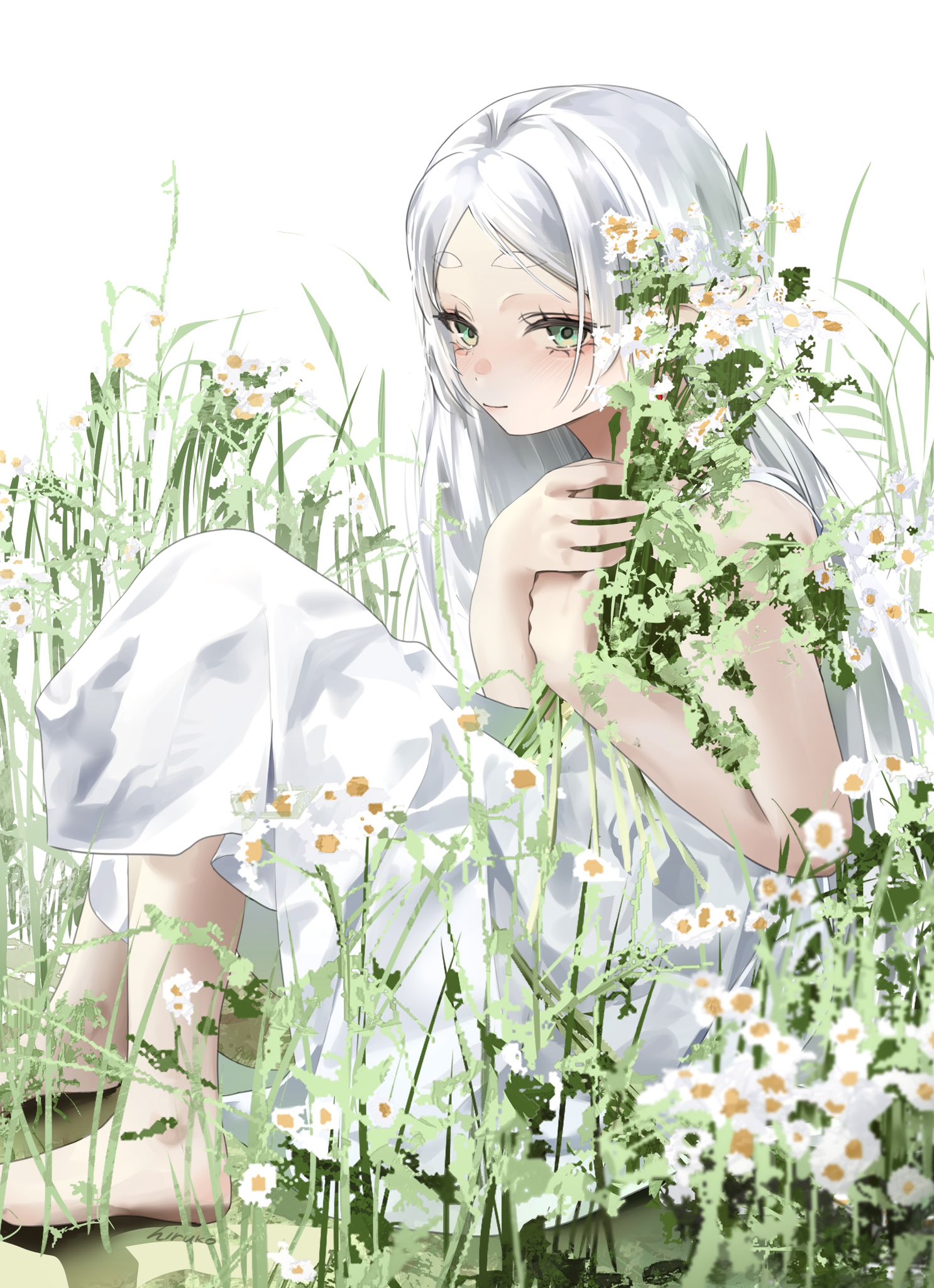 o0hiruko0o, frieren, sousou no frieren, commentary, highres, 1girl, bare arms, bare shoulders, barefoot, blurry, blurry foreground, closed mouth, dress, elf, flower, full body, green eyes, light smile, long dress, long hair, meadow, outdoors, parted bangs, pointy ears, sitting, sleeveless, sleeveless dress, solo, thick eyebrows, white background, white dress, white flower, white hair