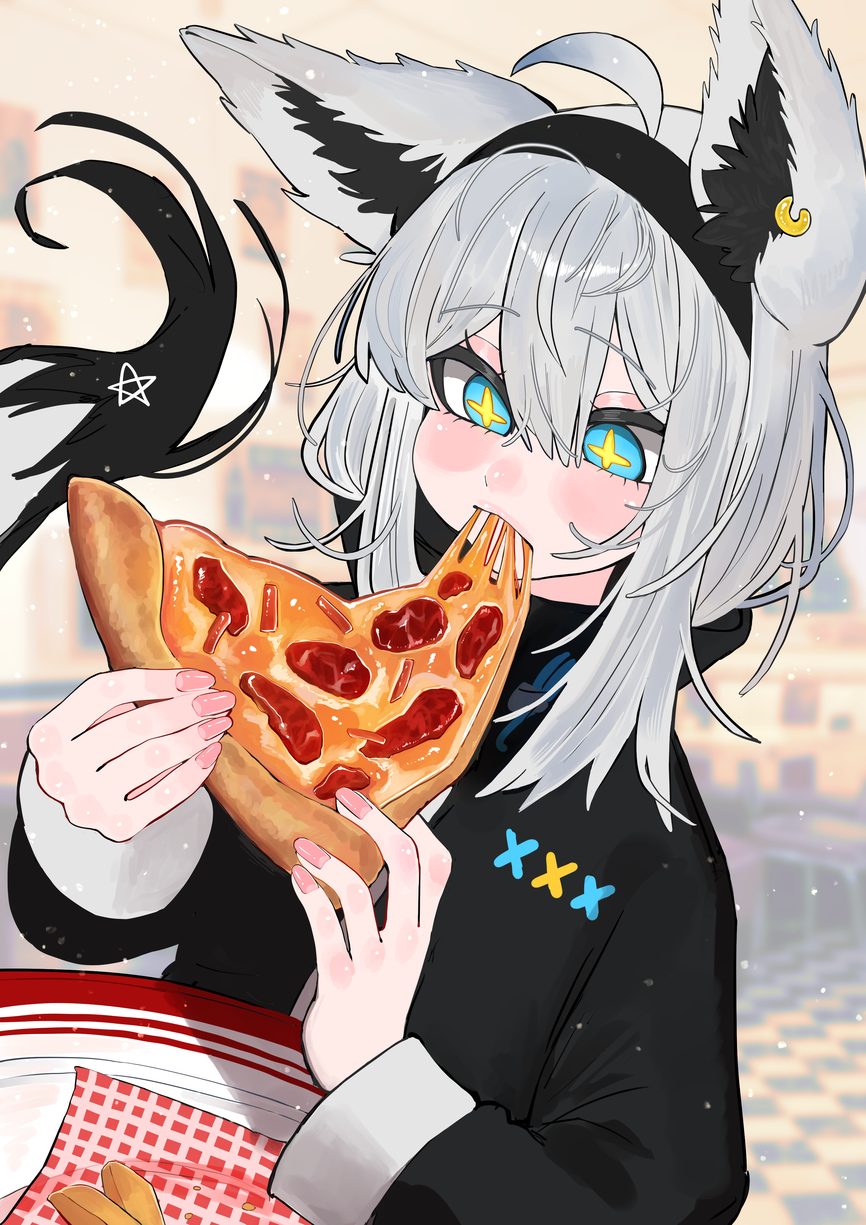 yuuppi, shirakami fubuki, shirakami fubuki (loungewear), hololive, absurdres, commentary, english commentary, highres, 1girl, ahoge, alternate costume, animal ear fluff, animal ears, aqua eyes, earrings, eating, food, food in mouth, fox ears, fox girl, fox tail, hair between eyes, hairband, indoors, jewelry, long hair, long sleeves, pentagram, pink nails, pizza, pizza slice, plate, single earring, sitting, star-shaped pupils, star (symbol), symbol-shaped pupils, tail, virtual youtuber, white hair