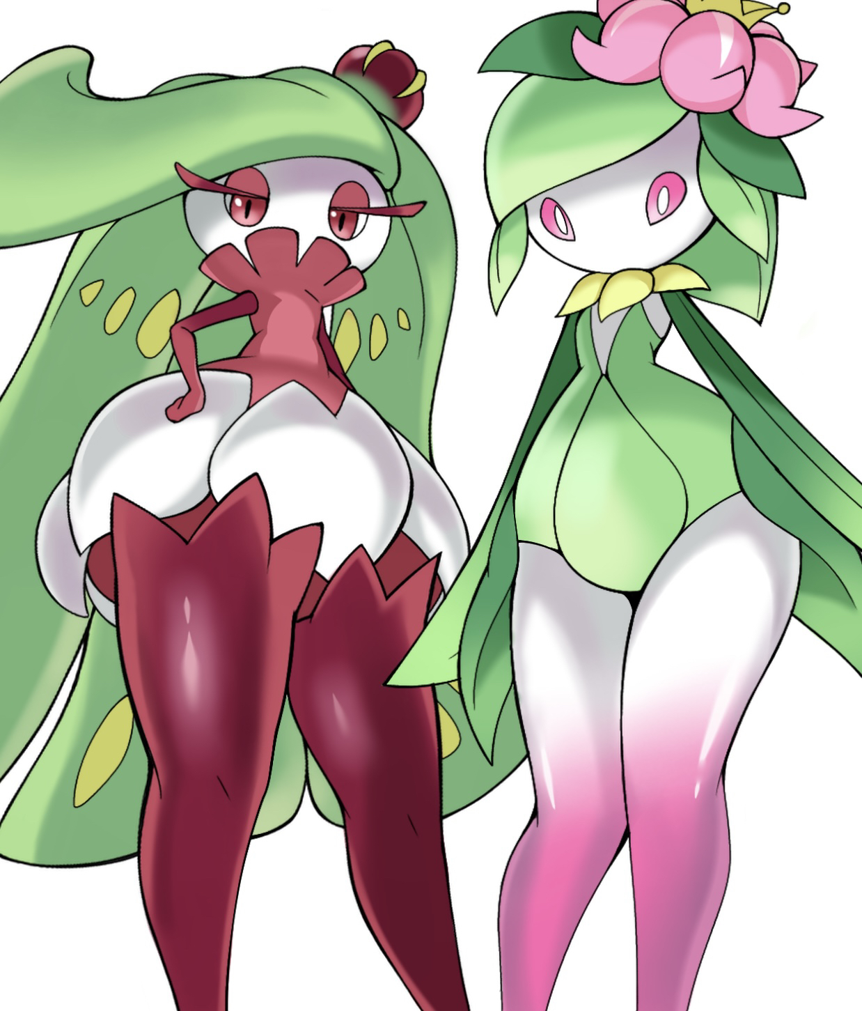 chaba tsuke, hisuian lilligant, tsareena, nintendo, pokemon, 2girls, boots, colored sclera, colored skin, crown, female focus, flat chest, flower, gen 7 pokemon, green hair, hair flower, hair ornament, half-closed eyes, hand on own hip, knees together feet apart, legs, long hair, looking at viewer, mini crown, monster girl, multicolored skin, multiple girls, no mouth, pink flower, pink sclera, pink skin, plant girl, pokemon (creature), purple boots, purple eyes, purple skin, shiny skin, short hair, sidelocks, simple background, swept bangs, thigh boots, trait connection, two-tone skin, very long hair, white background, white eyes, white skin, wide hips, yellow crown