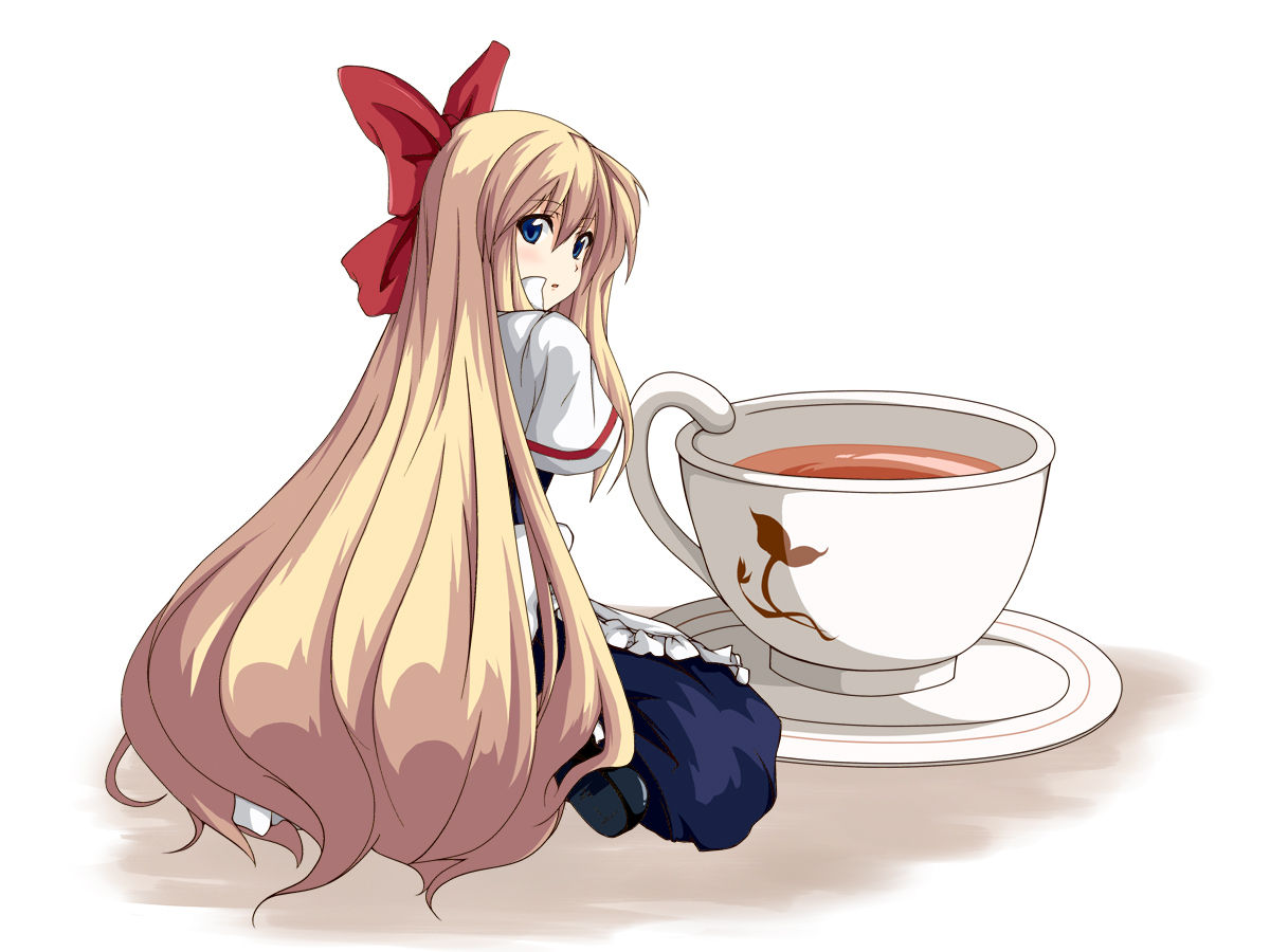kakura yoshiki, shanghai doll, touhou, 1girl, blonde hair, blue eyes, cup, doll, female focus, full body, long hair, ribbon, sitting, solo, tea, teacup, white background
