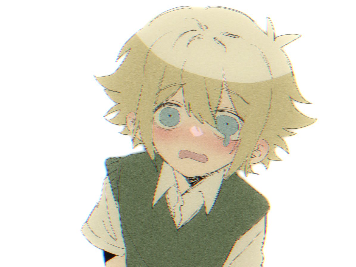 my loleeta, basil (faraway) (omori), basil (omori), omori, 1boy, antenna hair, blonde hair, blue eyes, blush, collared shirt, double-parted bangs, green sweater vest, hair between eyes, looking at viewer, male focus, open mouth, shirt, short hair, short sleeves, sidelocks, simple background, sketch, solo, sweater vest, upper body, white background, white shirt